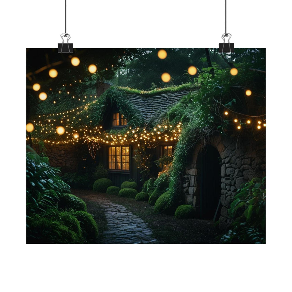 Satin Poster — Enchanted Cottage at Night Wall Art (Fairy Lights, 300gsm)
