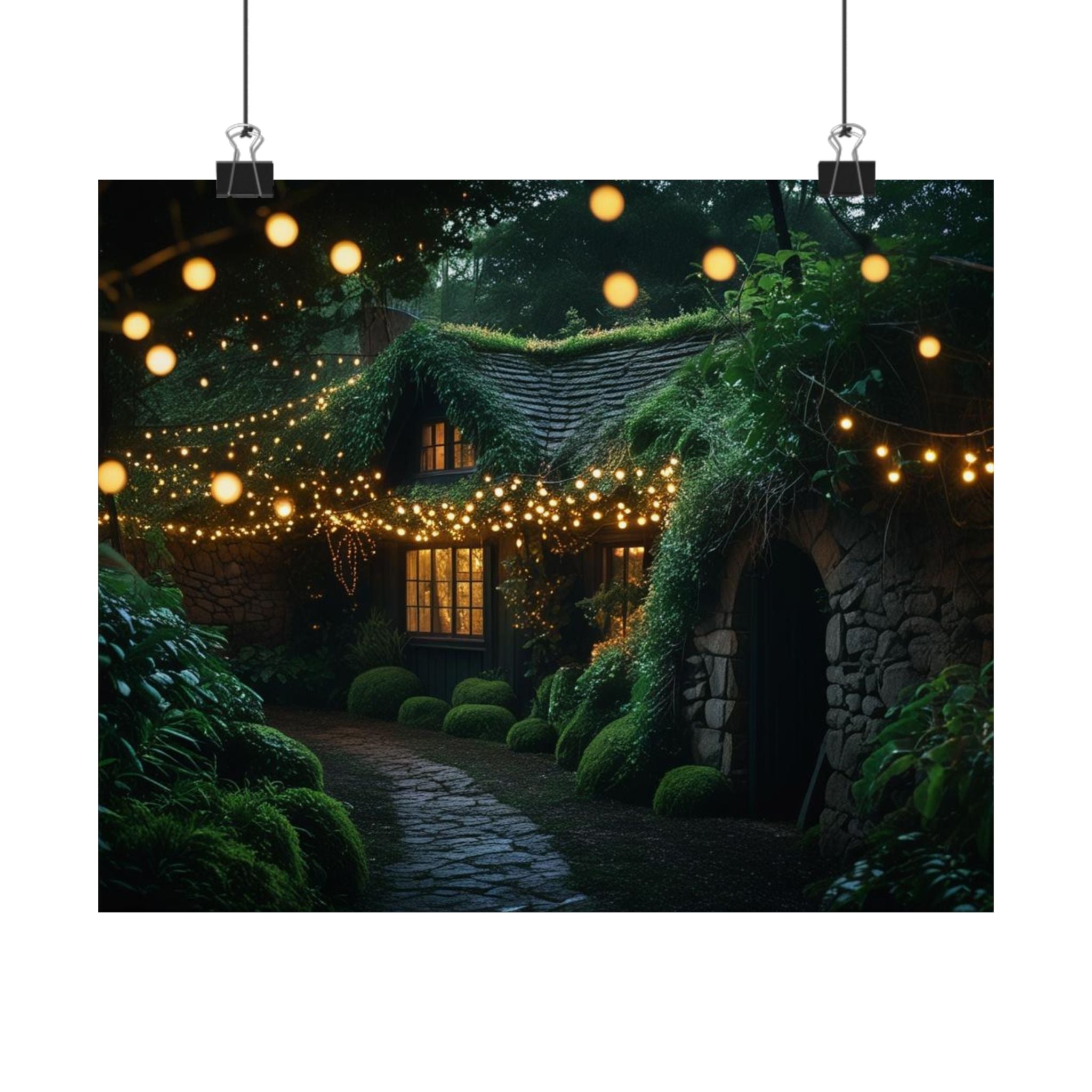 Satin Poster — Enchanted Cottage at Night Wall Art (Fairy Lights, 300gsm)