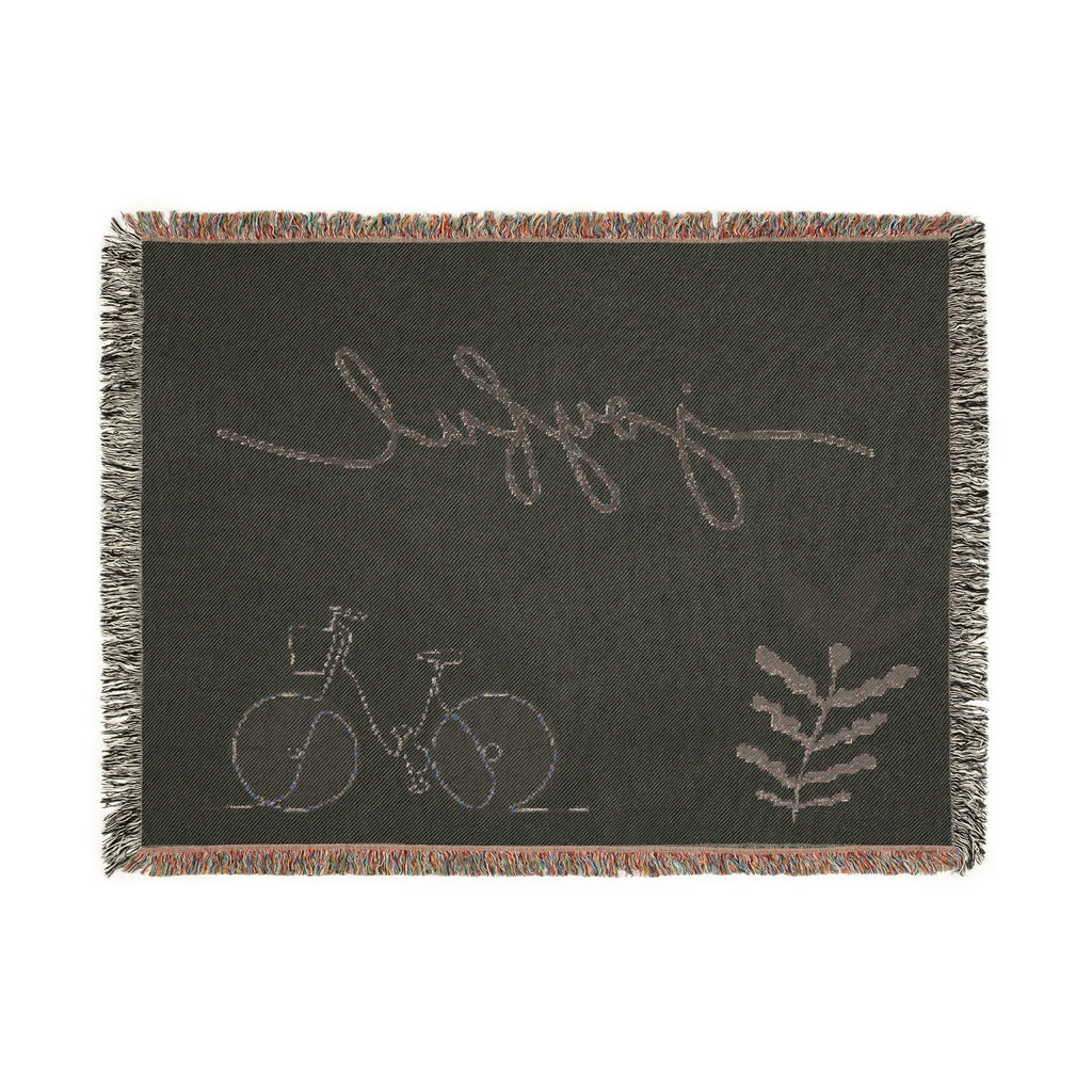 Joyful Bicycle Woven Blanket – Cozy Decorative Throw with Script Text & Floral Motif