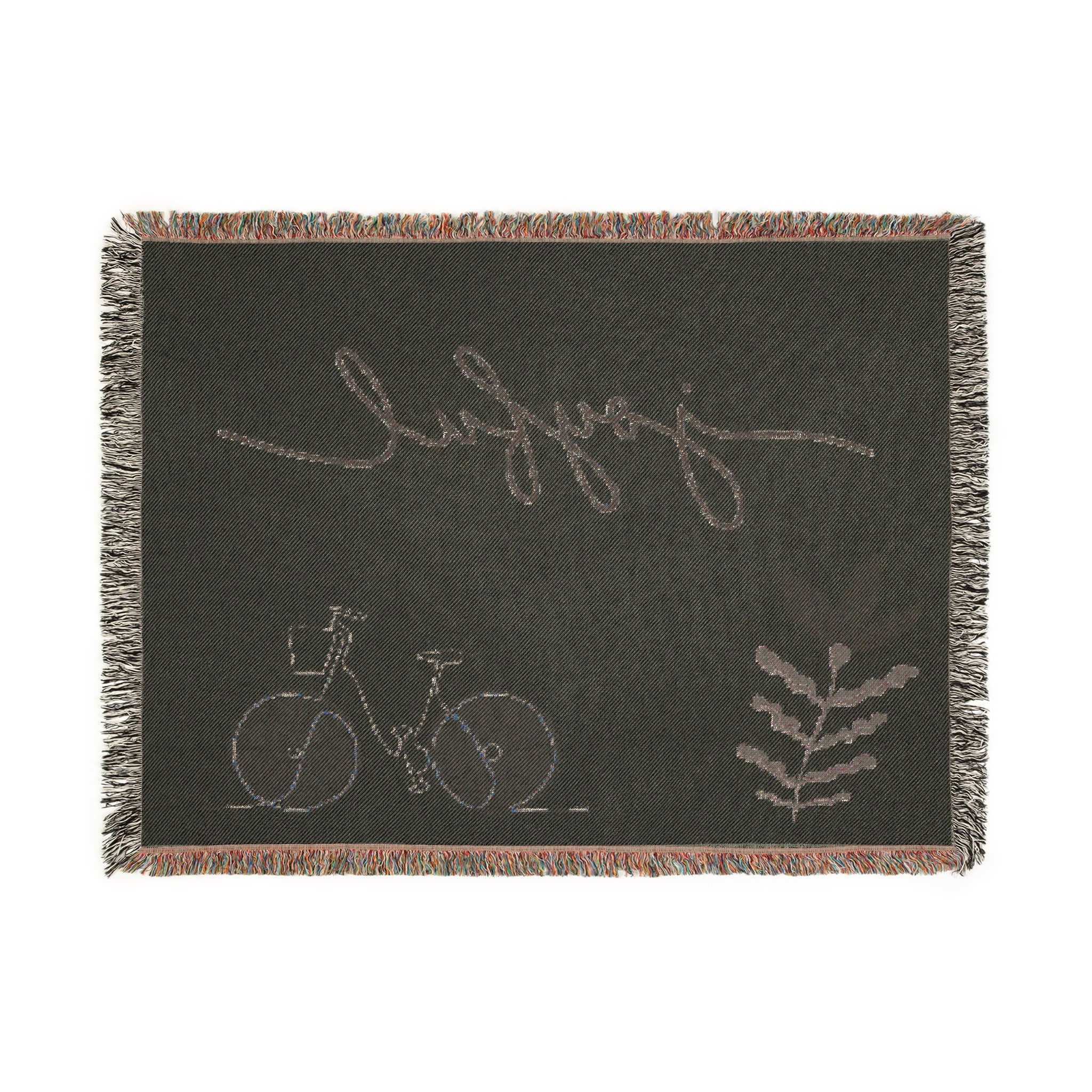 Joyful Bicycle Woven Blanket – Cozy Decorative Throw with Script Text & Floral Motif