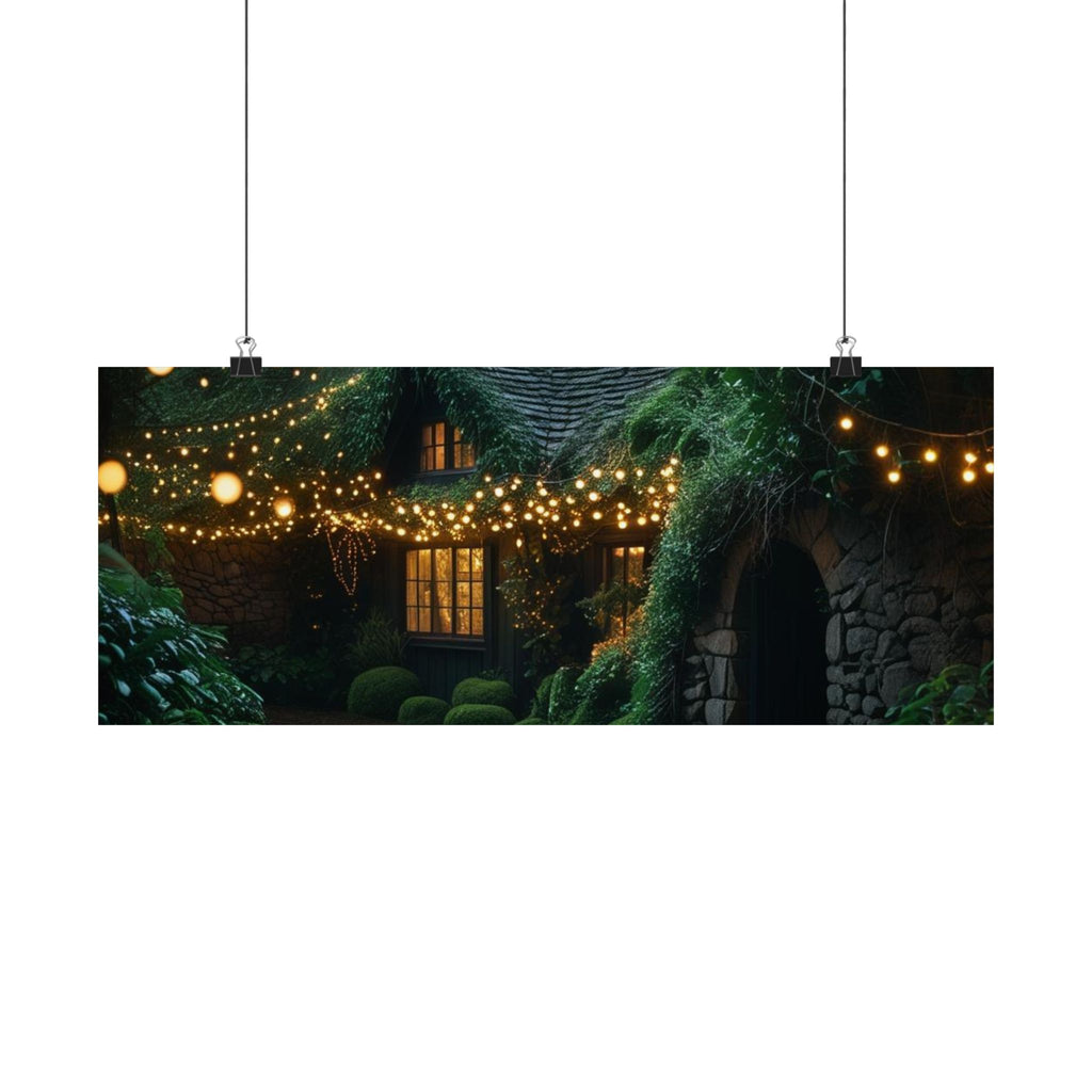Satin Poster — Enchanted Cottage at Night Wall Art (Fairy Lights, 300gsm)
