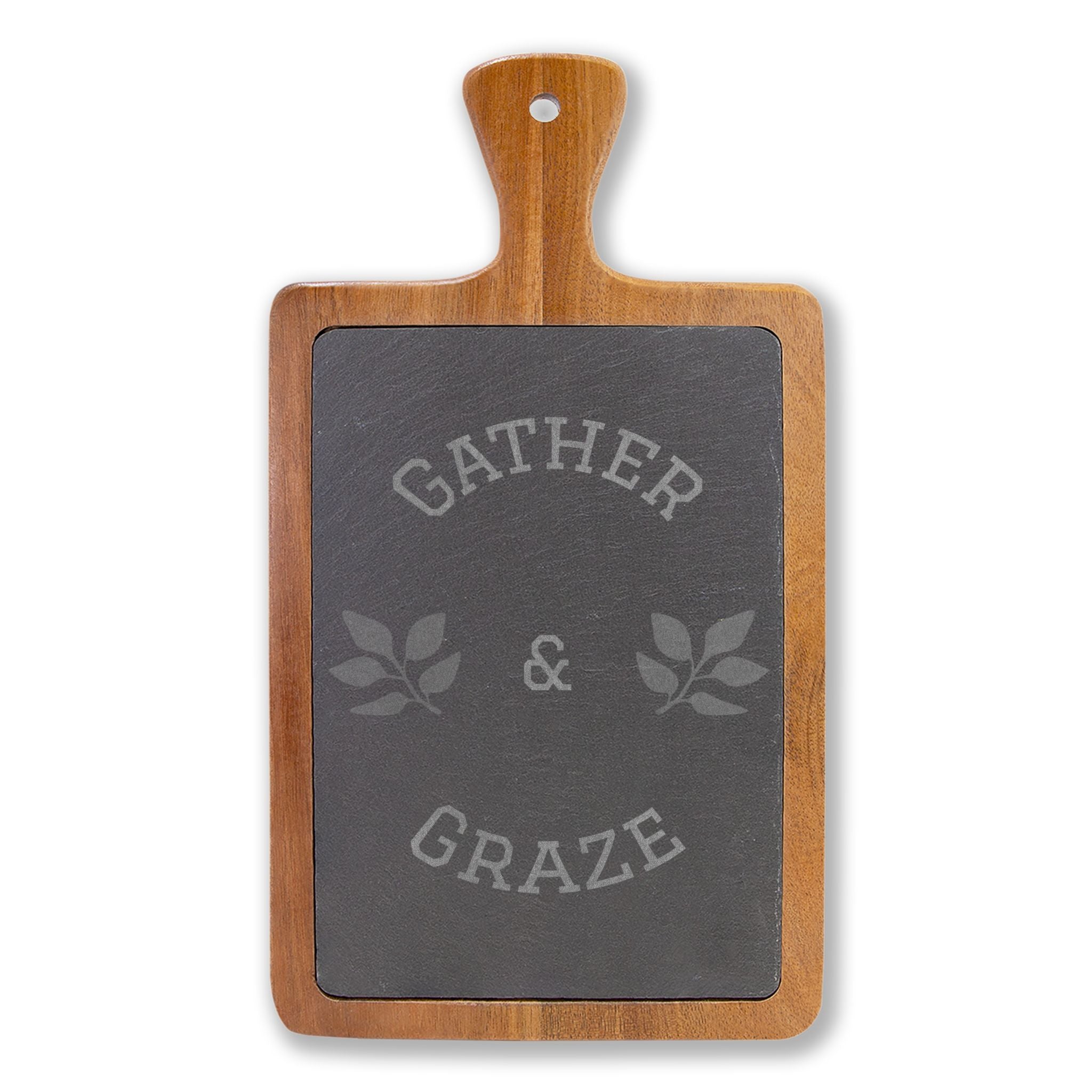 Engraved Acacia Charcuterie Board – “Gather & Graze” Slate Insert with Cheese Tools