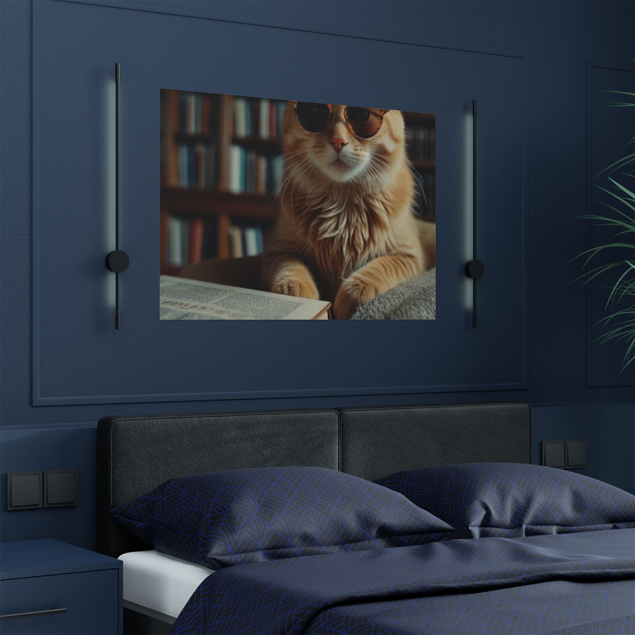 Cool Cat Reading Poster — Retro Sunglasses Cat Art Print (Satin Poster)