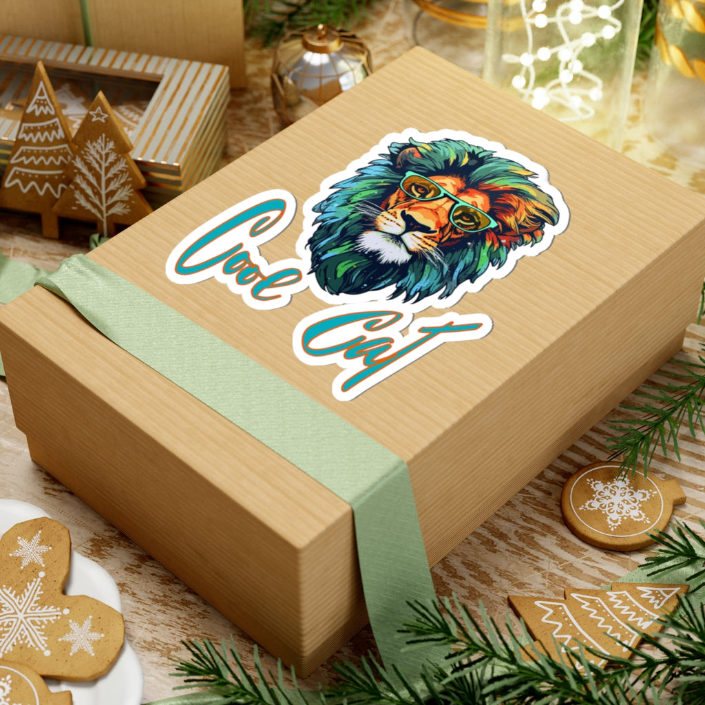 Cool Cat Lion Kiss-Cut Sticker — Colorful Retro Lion with Glasses
