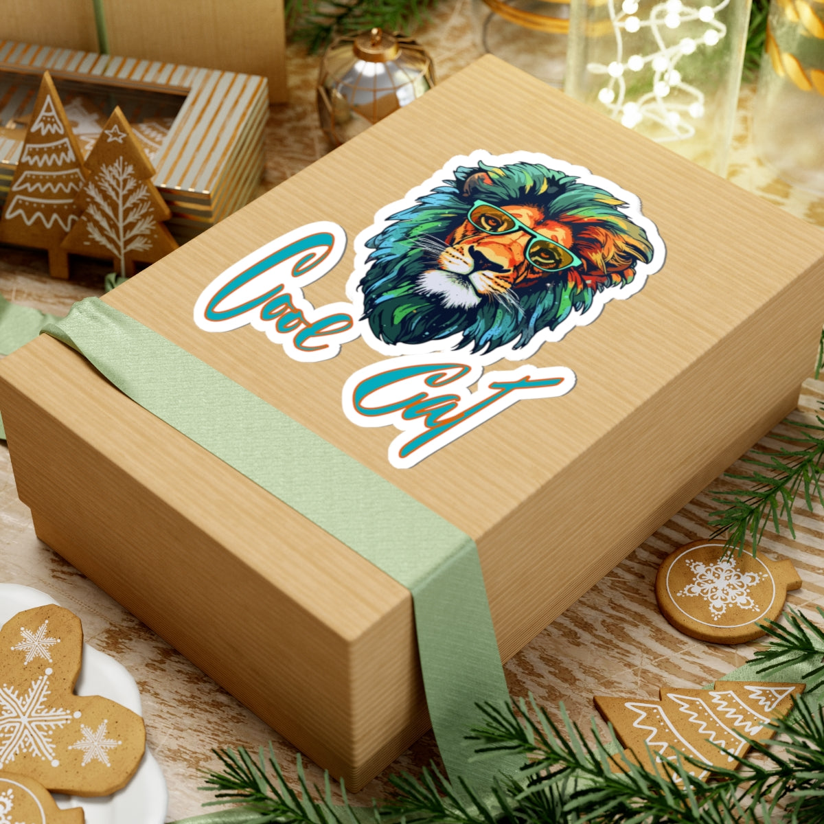 Cool Cat Lion Kiss-Cut Sticker — Colorful Retro Lion with Glasses