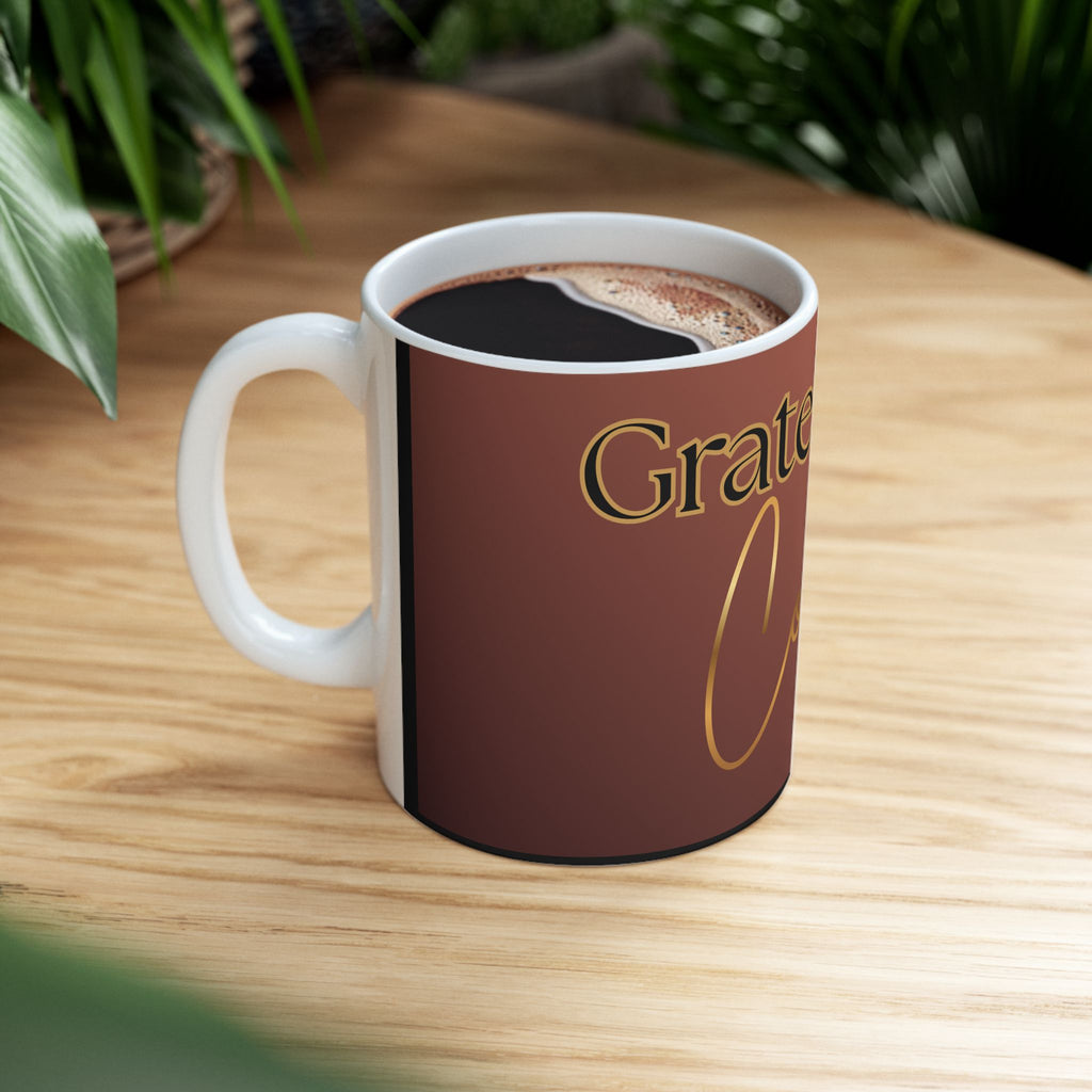 Ceramic Mug – "Grateful for Coffee" Brown & Gold Coffee Lover Gift (11oz, 15oz)