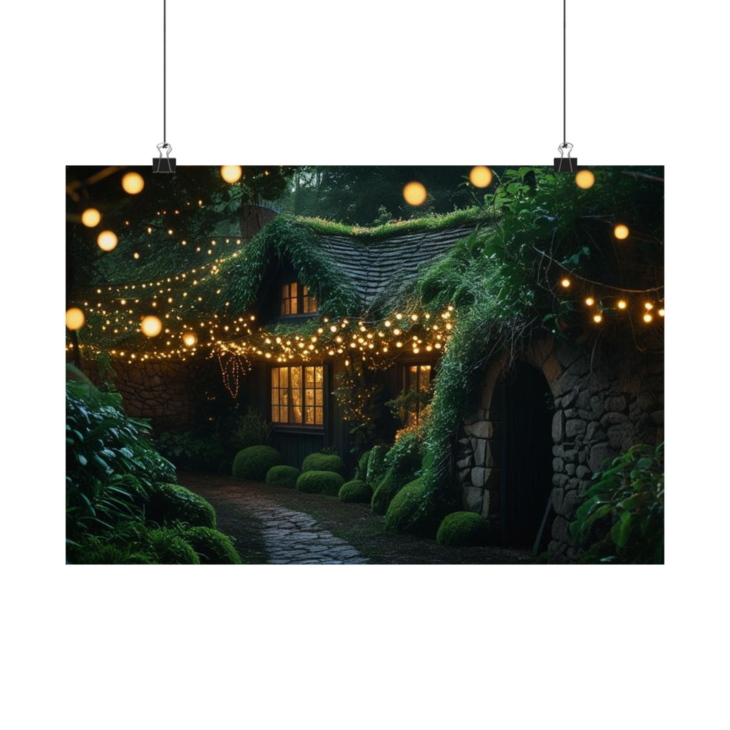 Satin Poster — Enchanted Cottage at Night Wall Art (Fairy Lights, 300gsm)