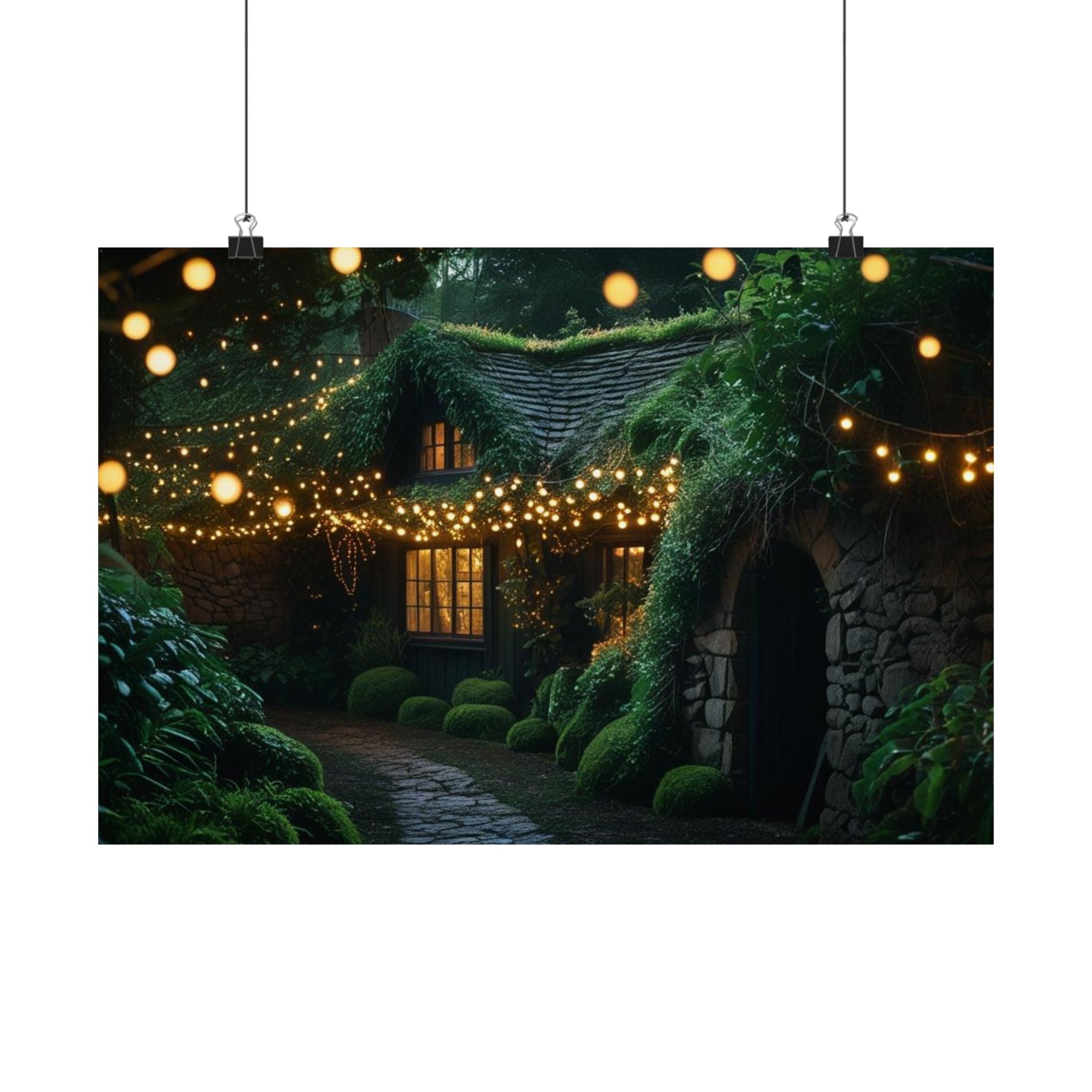 Satin Poster — Enchanted Cottage at Night Wall Art (Fairy Lights, 300gsm)