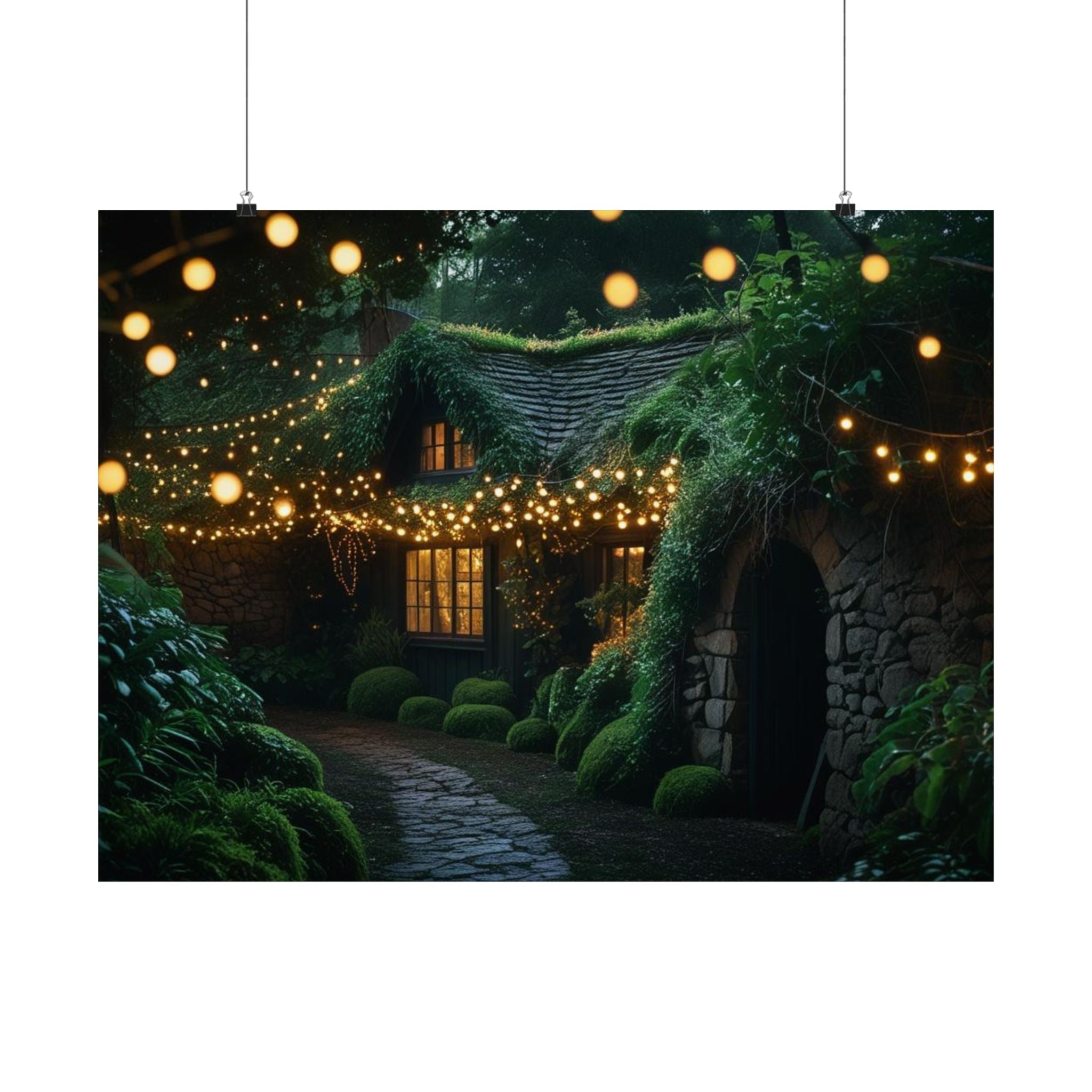 Satin Poster — Enchanted Cottage at Night Wall Art (Fairy Lights, 300gsm)