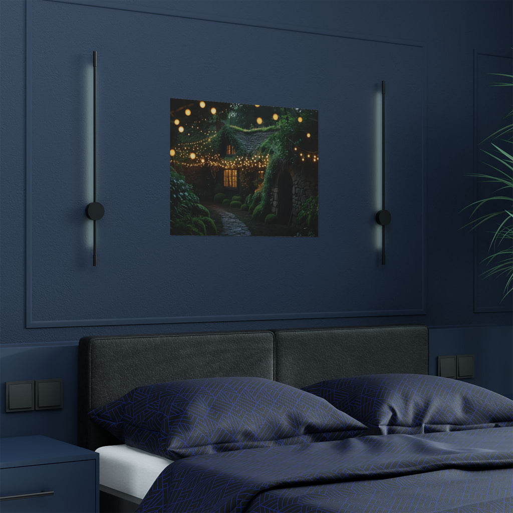 Satin Poster — Enchanted Cottage at Night Wall Art (Fairy Lights, 300gsm)