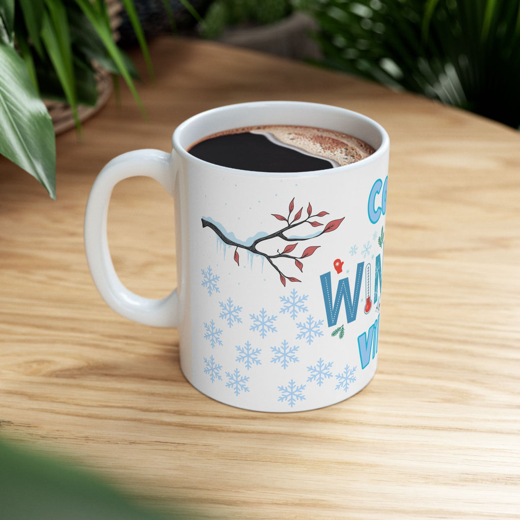 Cozy Winter Vibes Ceramic Mug — Holiday Snowflake Coffee Cup (11oz/15oz)