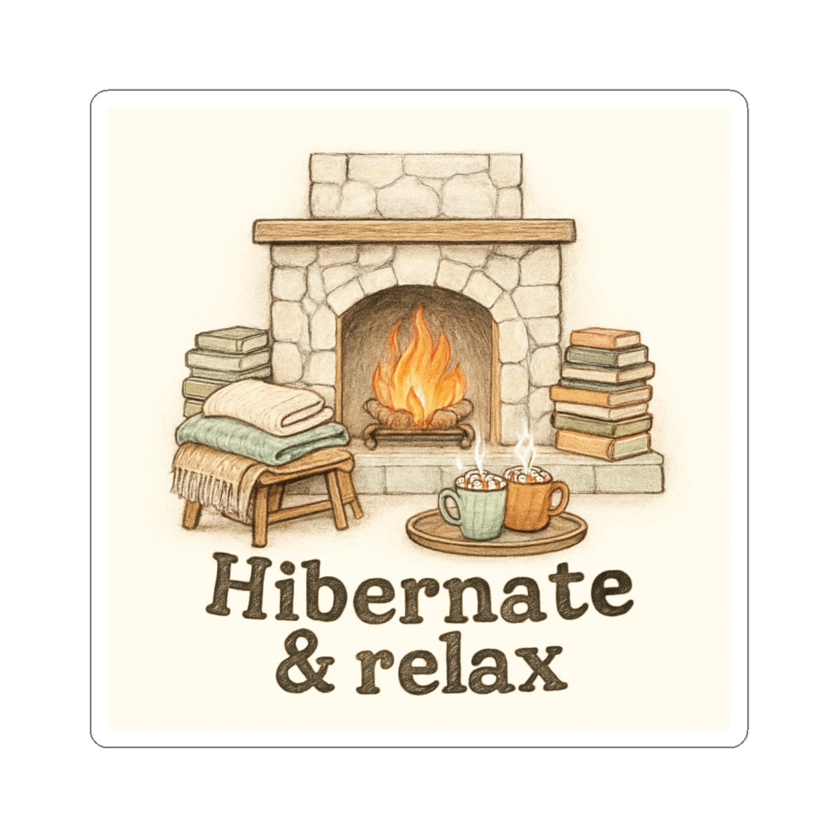 Hibernate & Relax Sticker — Cozy Fireplace, Books & Hot Cocoa Kiss-Cut Sticker