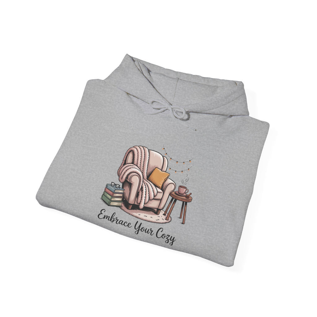 Cozy Reading Hoodie – "Embrace Your Cozy" Armchair Graphic Sweatshirt