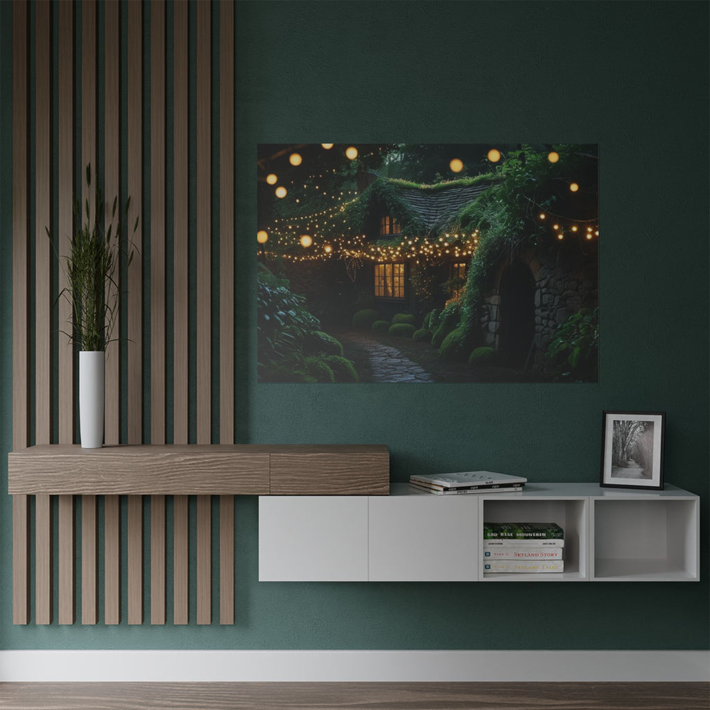 Satin Poster — Enchanted Cottage at Night Wall Art (Fairy Lights, 300gsm)
