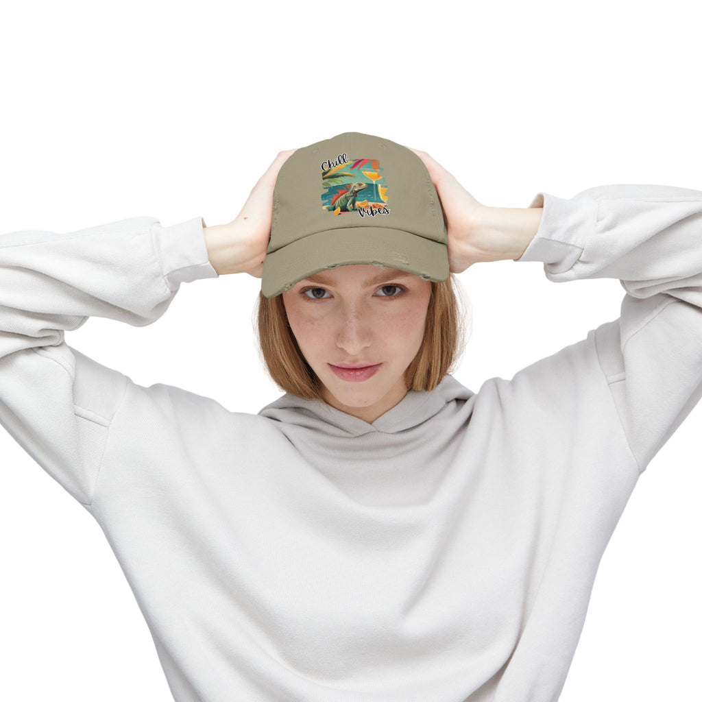 Chill Vibes Distressed Cap - Retro Surf Frog Beach Hat