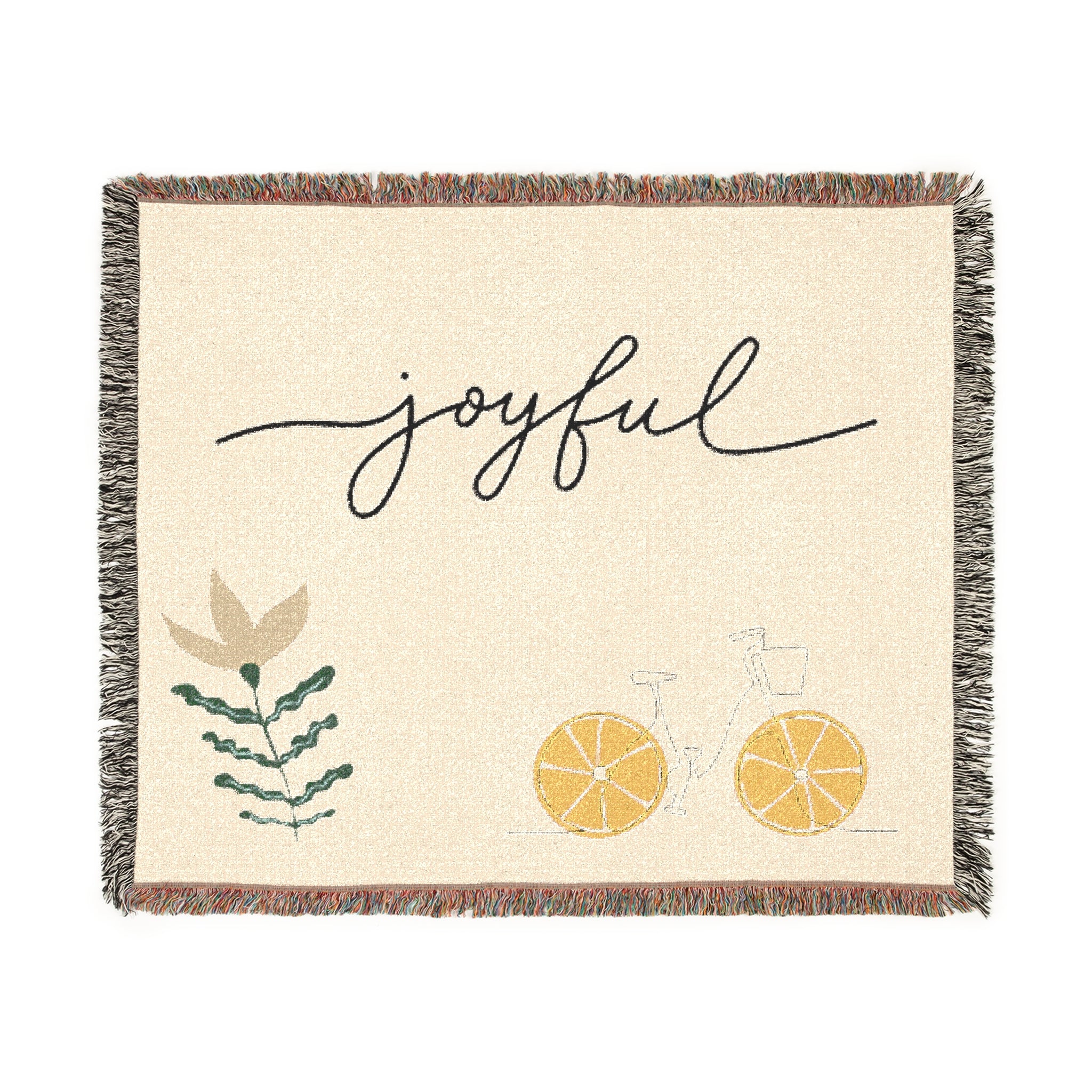 Joyful Bicycle Woven Blanket – Cozy Decorative Throw with Script Text & Floral Motif