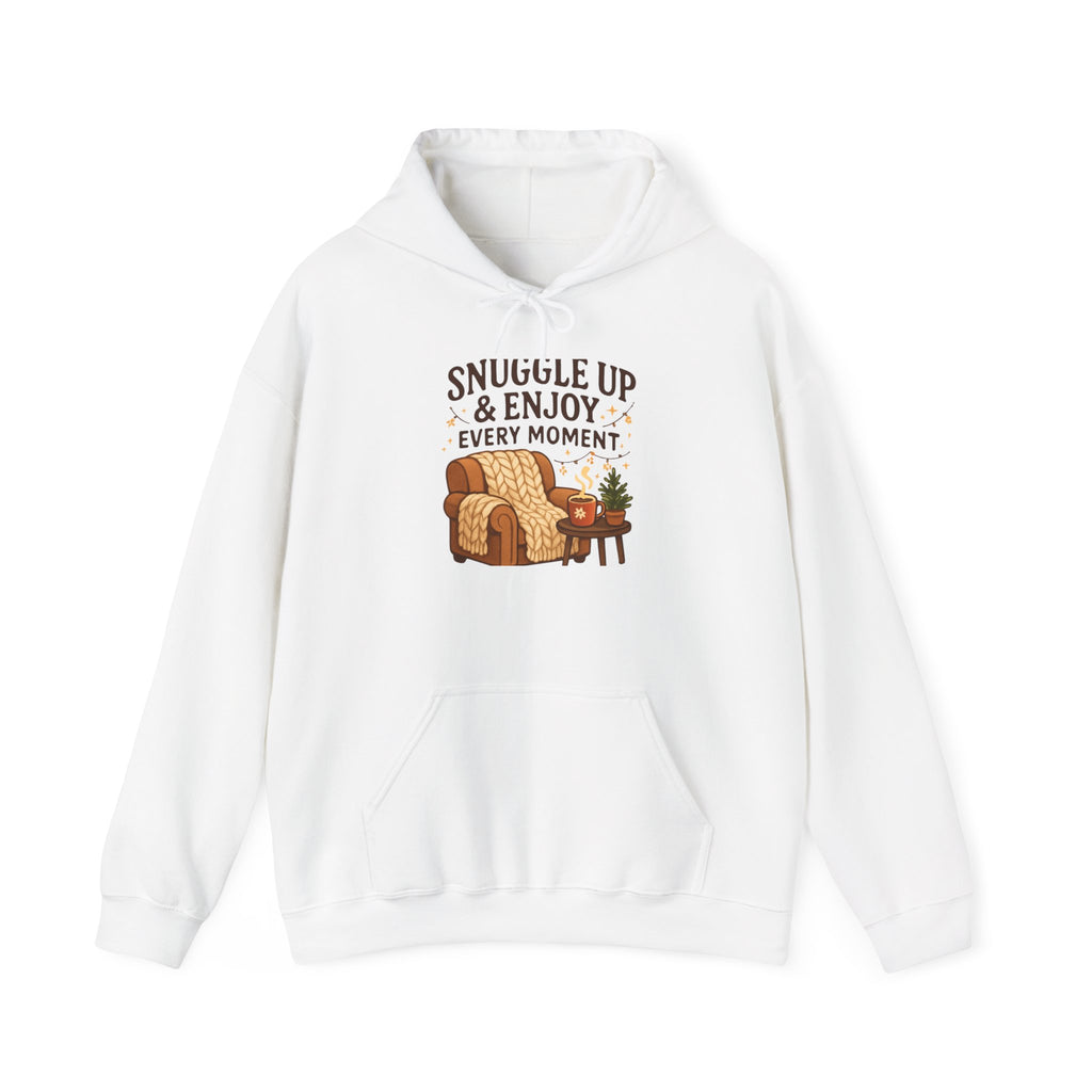 Snuggle Up & Enjoy Every Moment Hoodie — Cozy Chair and Tea Comfort Sweatshirt