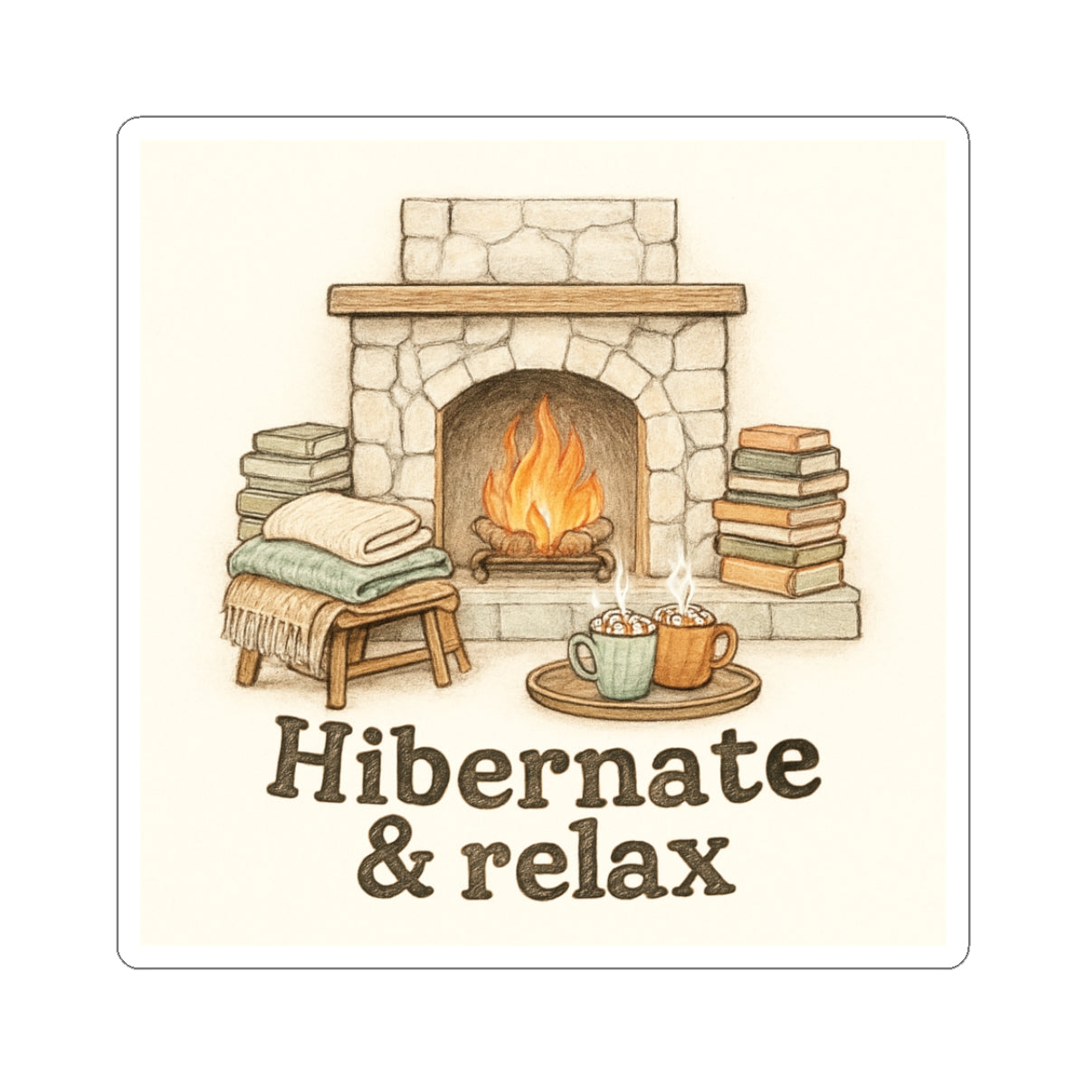 Hibernate & Relax Sticker — Cozy Fireplace, Books & Hot Cocoa Kiss-Cut Sticker