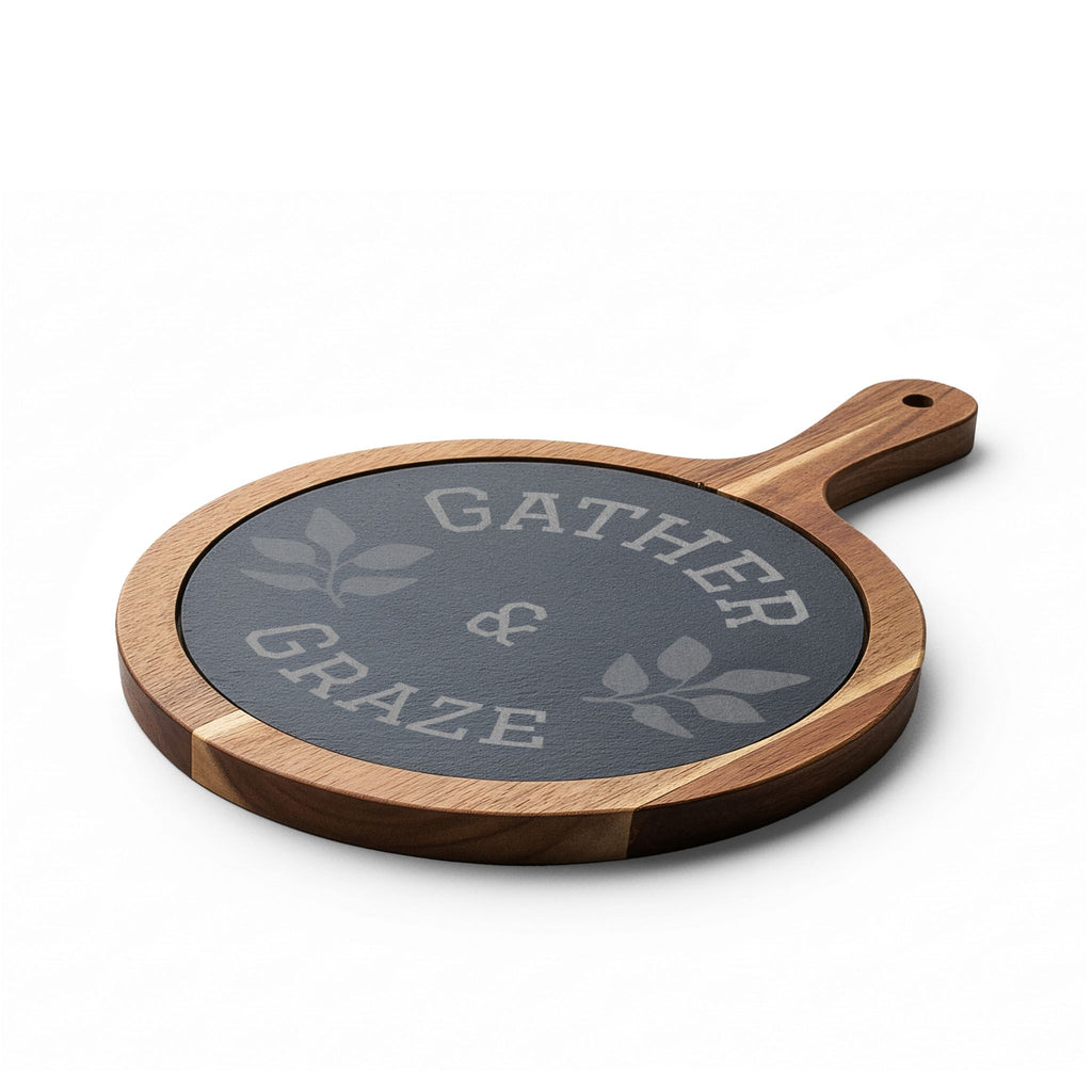 Engraved Acacia Charcuterie Board – “Gather & Graze” Slate Insert with Cheese Tools