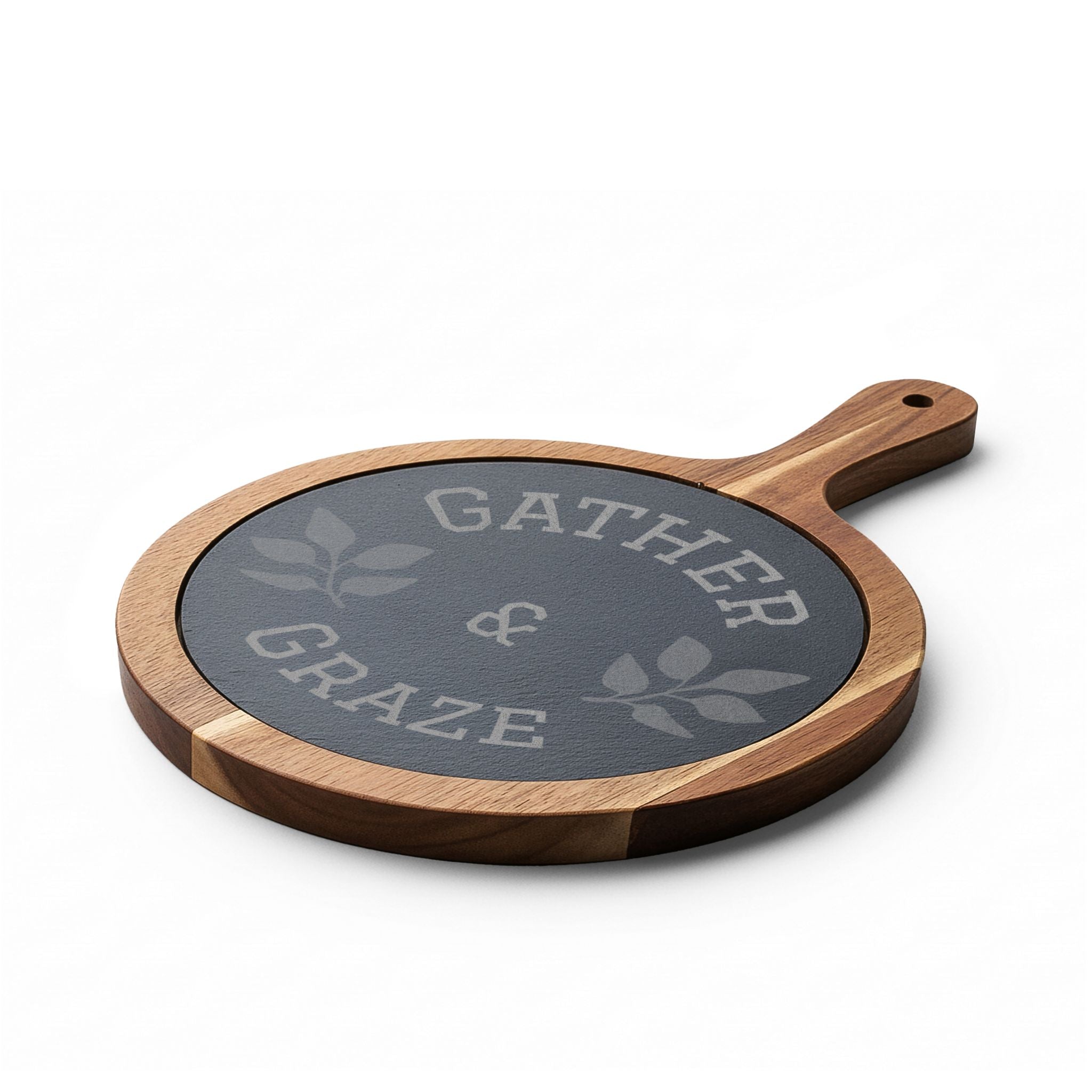 Engraved Acacia Charcuterie Board – “Gather & Graze” Slate Insert with Cheese Tools