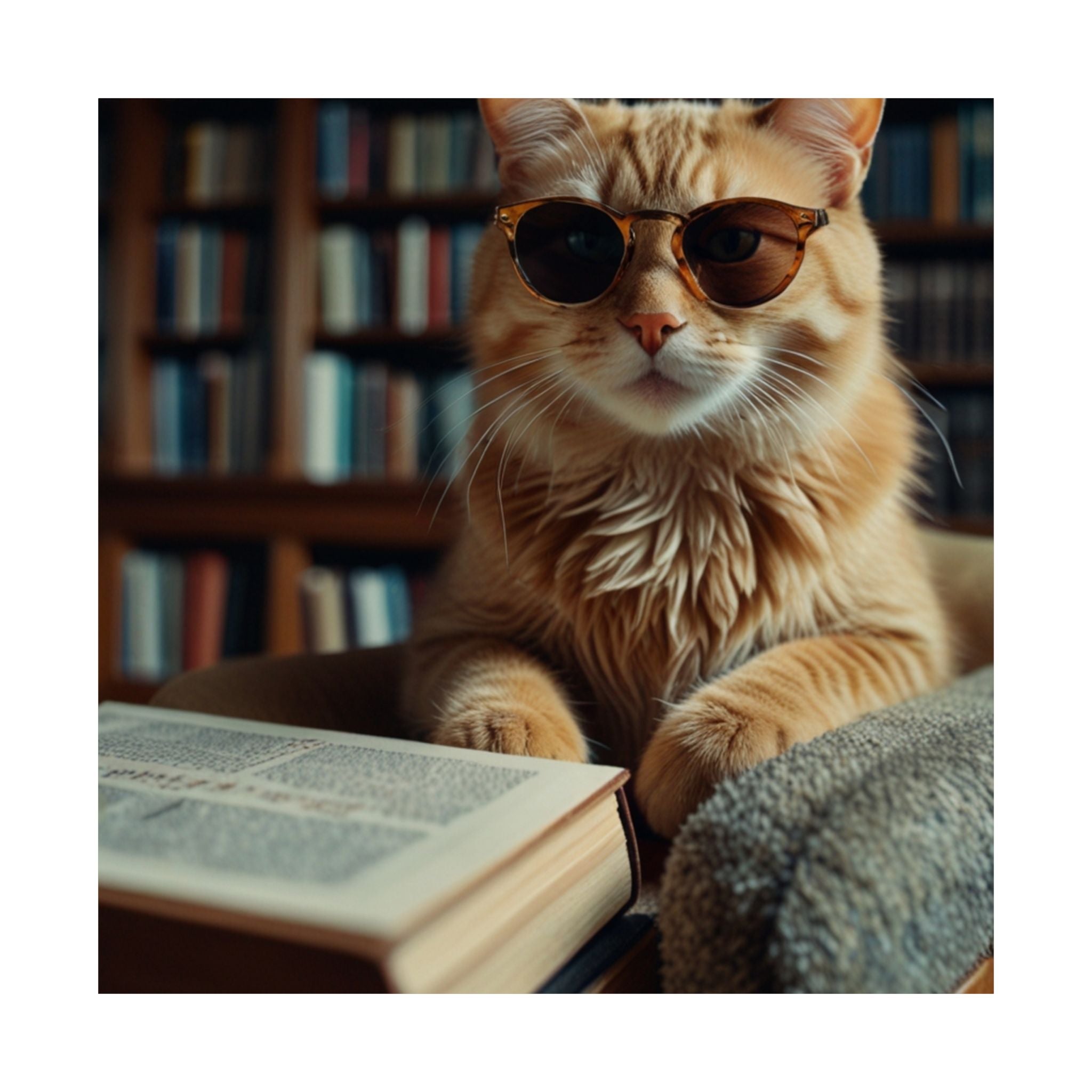 Cool Cat Reading Poster — Retro Sunglasses Cat Art Print (Satin Poster)