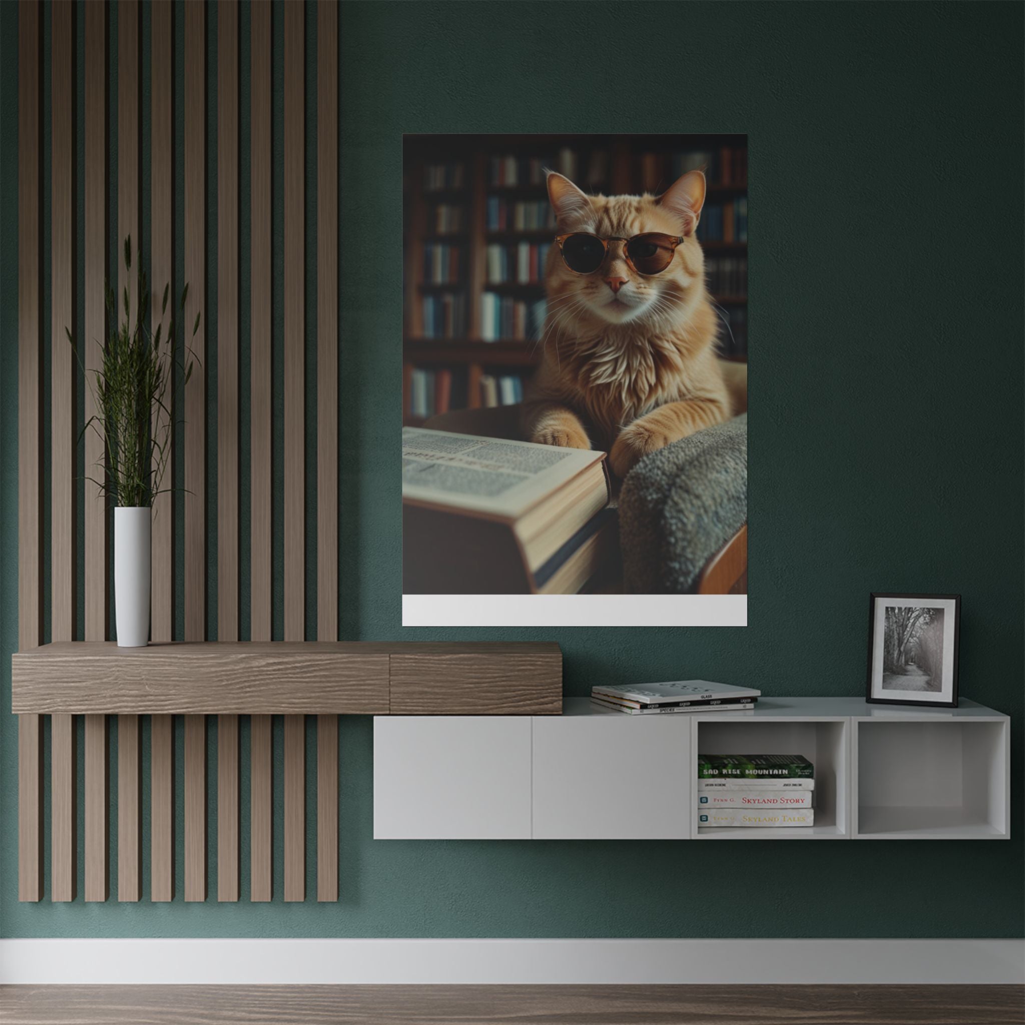 Cool Cat Reading Poster — Retro Sunglasses Cat Art Print (Satin Poster)