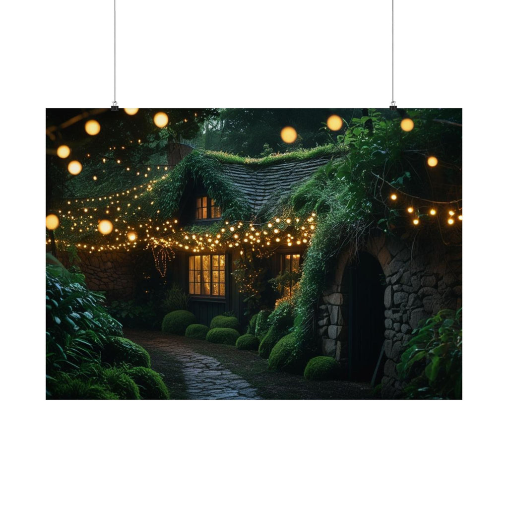Satin Poster — Enchanted Cottage at Night Wall Art (Fairy Lights, 300gsm)