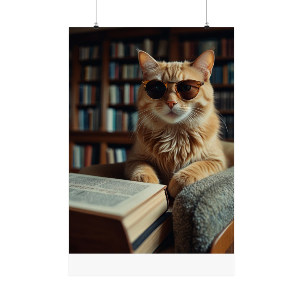 Cool Cat Reading Poster — Retro Sunglasses Cat Art Print (Satin Poster)
