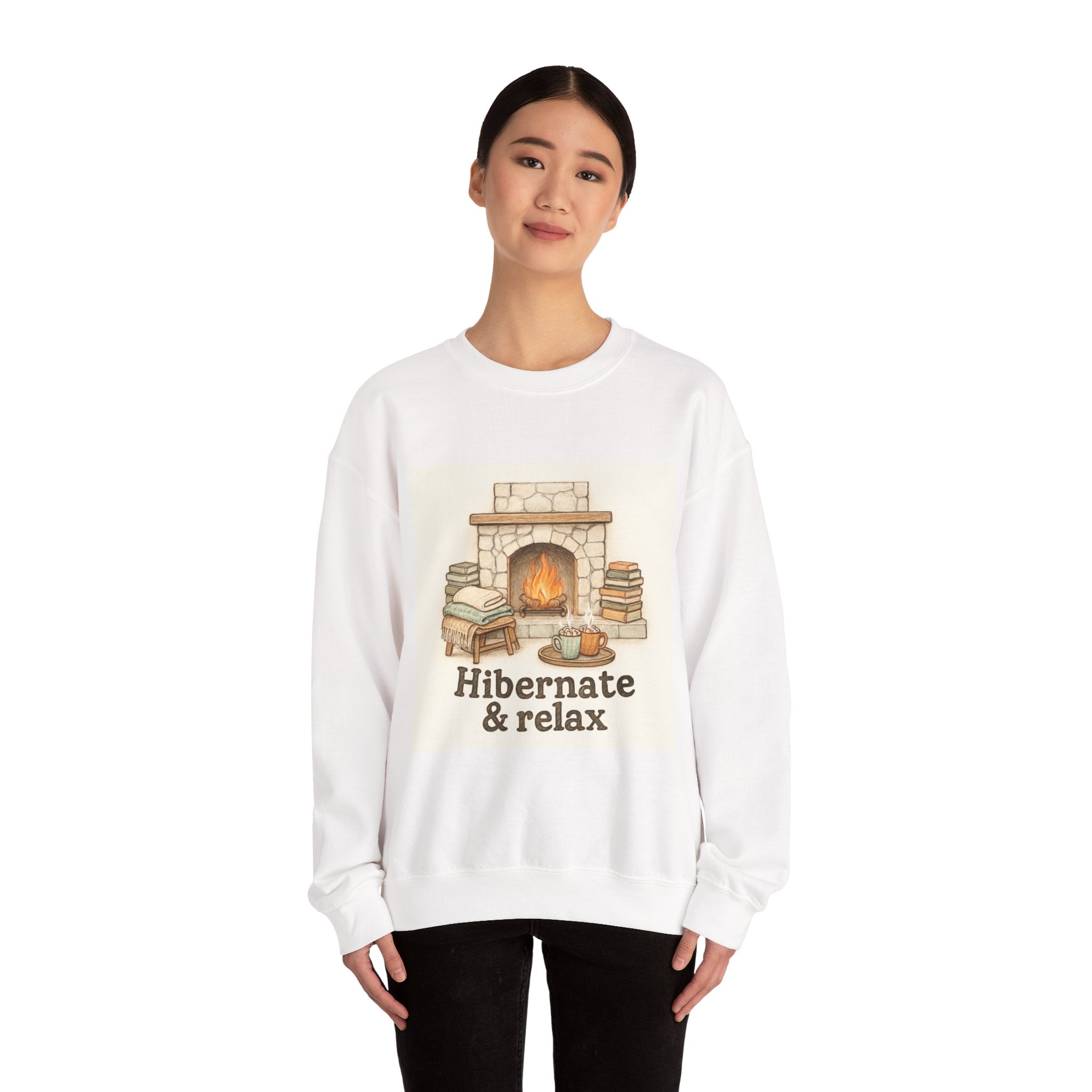 Crewneck Sweatshirt – "Hibernate & Relax" Cozy Fireplace Reading Sweatshirt