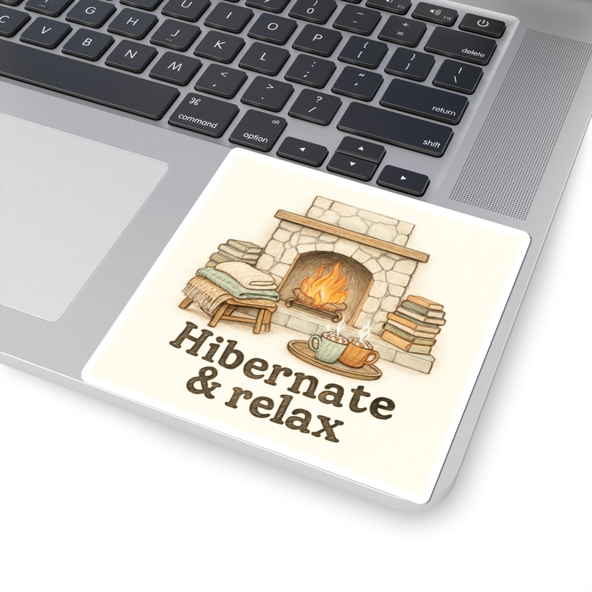 Hibernate & Relax Sticker — Cozy Fireplace, Books & Hot Cocoa Kiss-Cut Sticker