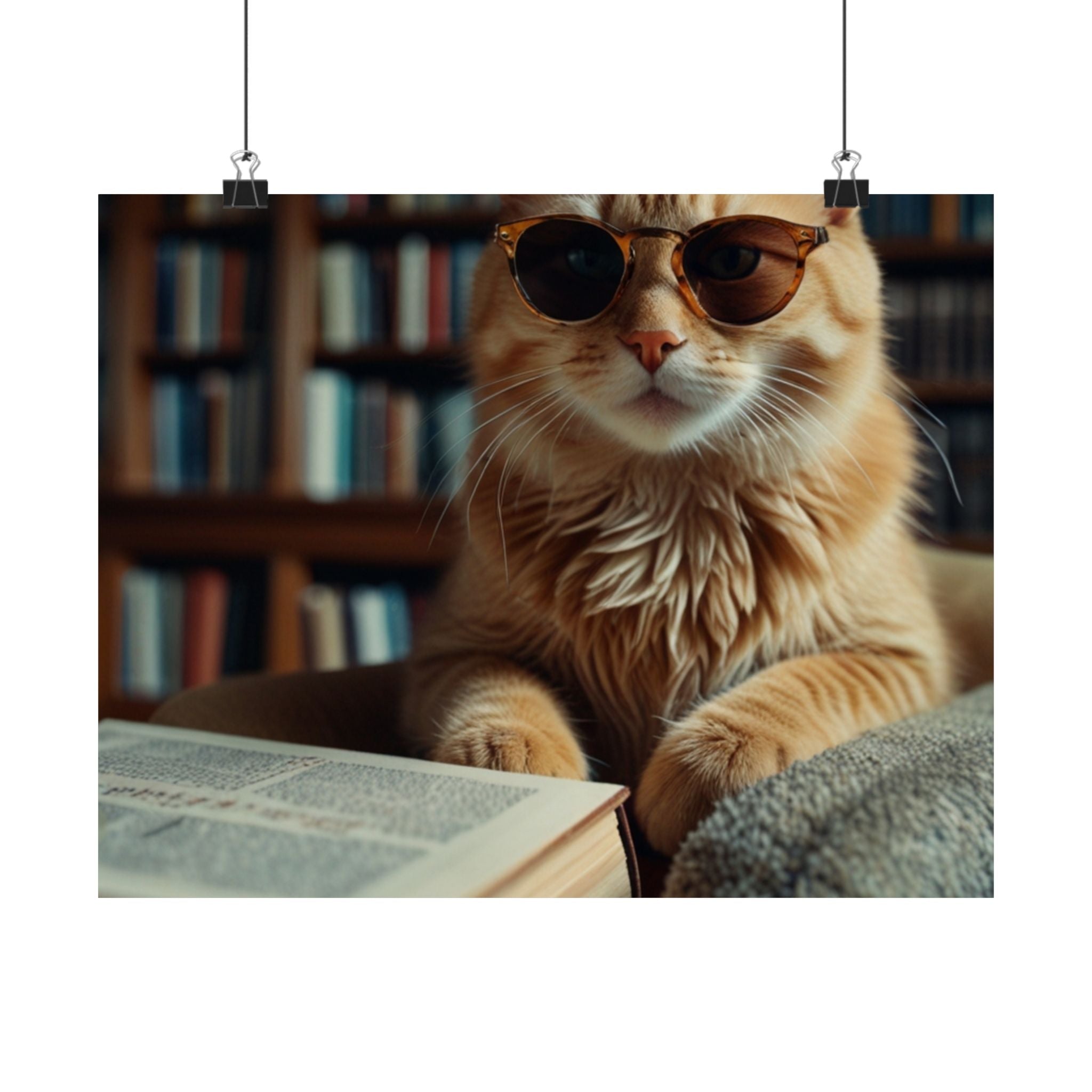 Cool Cat Reading Poster — Retro Sunglasses Cat Art Print (Satin Poster)
