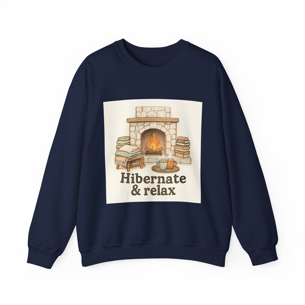 Crewneck Sweatshirt – "Hibernate & Relax" Cozy Fireplace Reading Sweatshirt