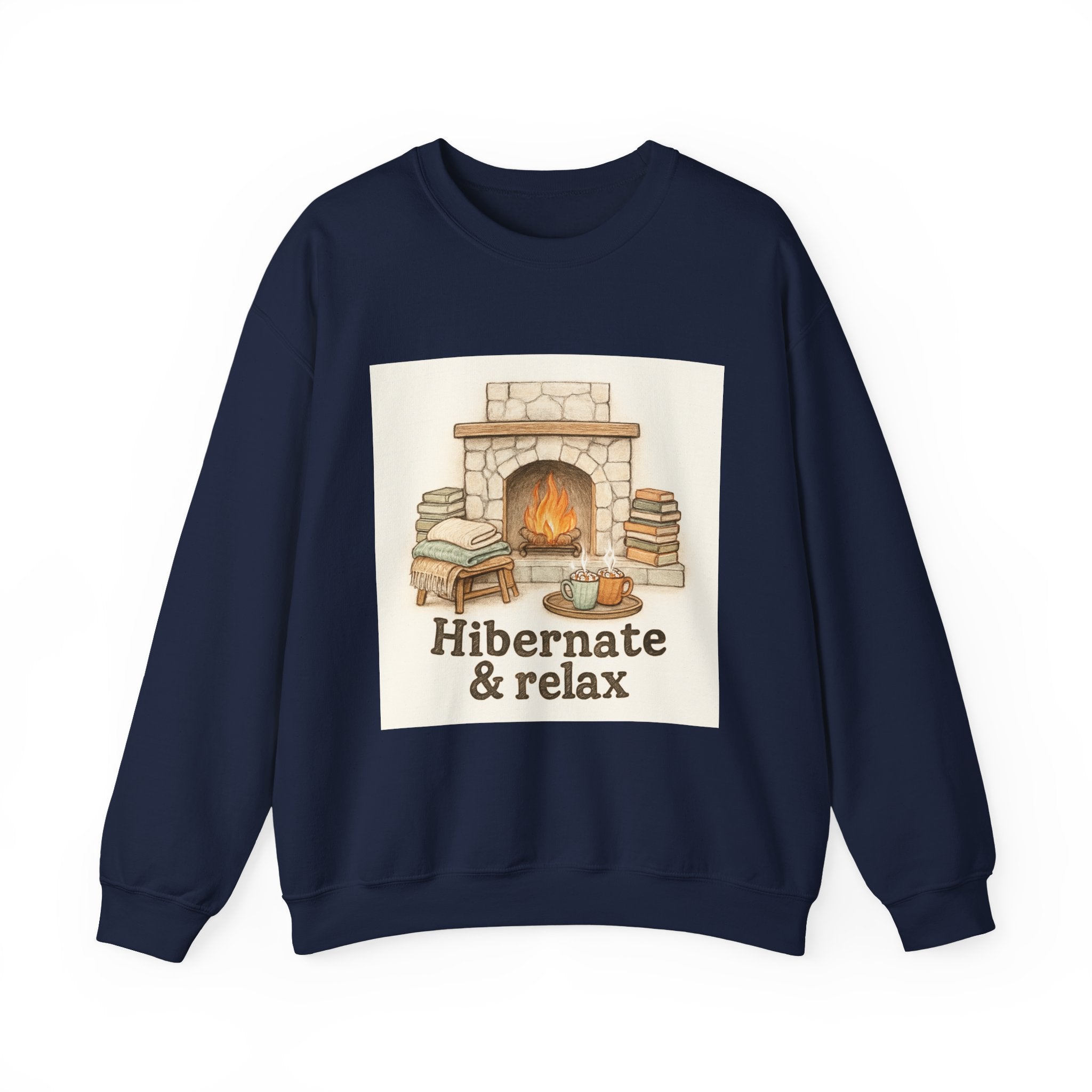 Crewneck Sweatshirt – "Hibernate & Relax" Cozy Fireplace Reading Sweatshirt
