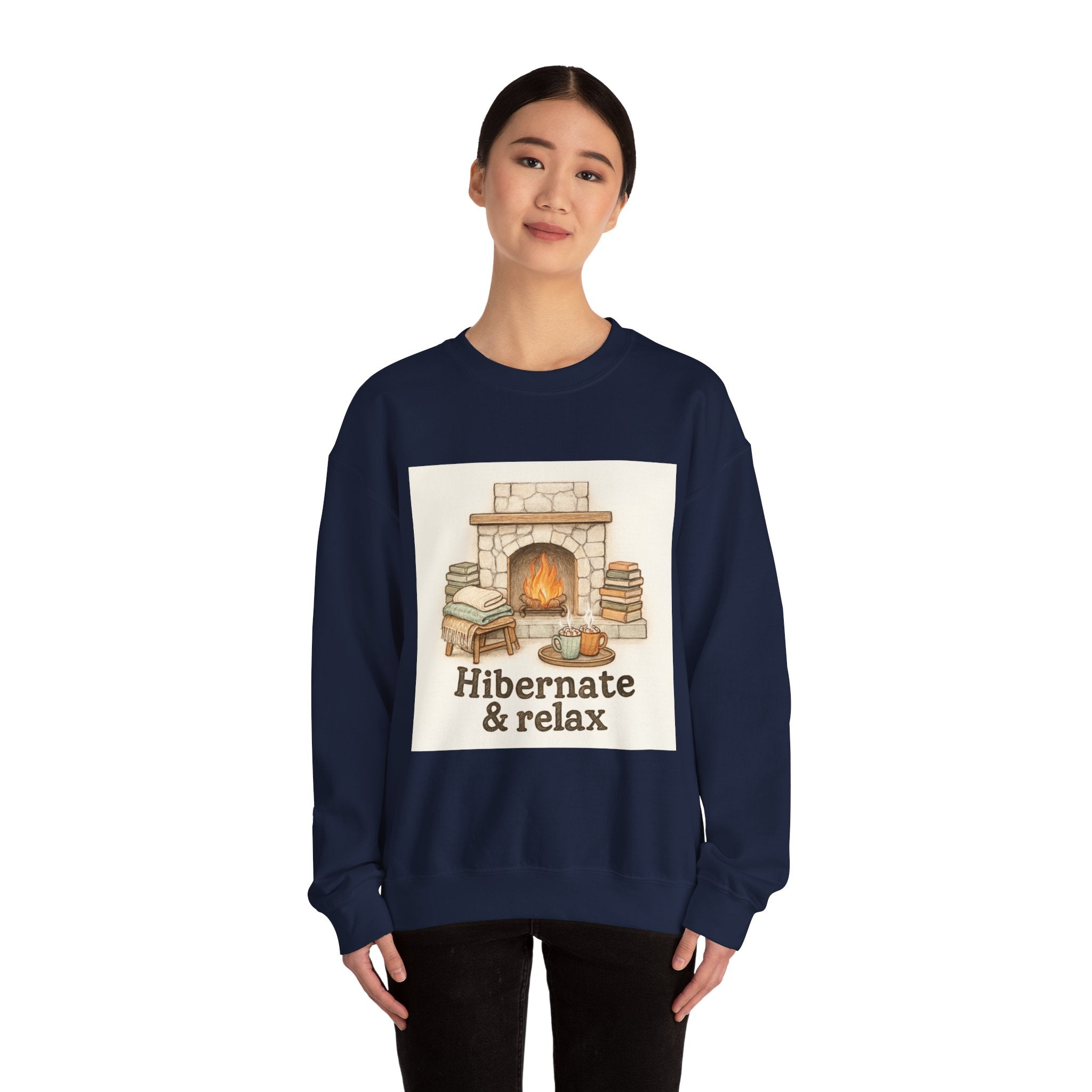 Crewneck Sweatshirt – "Hibernate & Relax" Cozy Fireplace Reading Sweatshirt