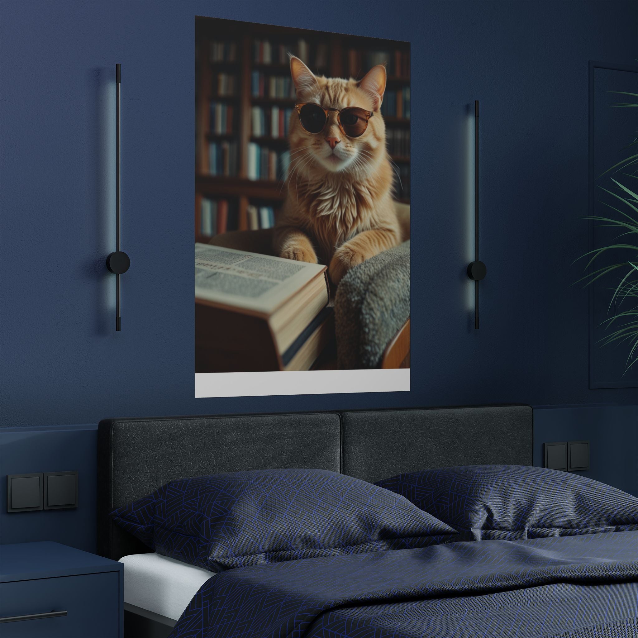 Cool Cat Reading Poster — Retro Sunglasses Cat Art Print (Satin Poster)