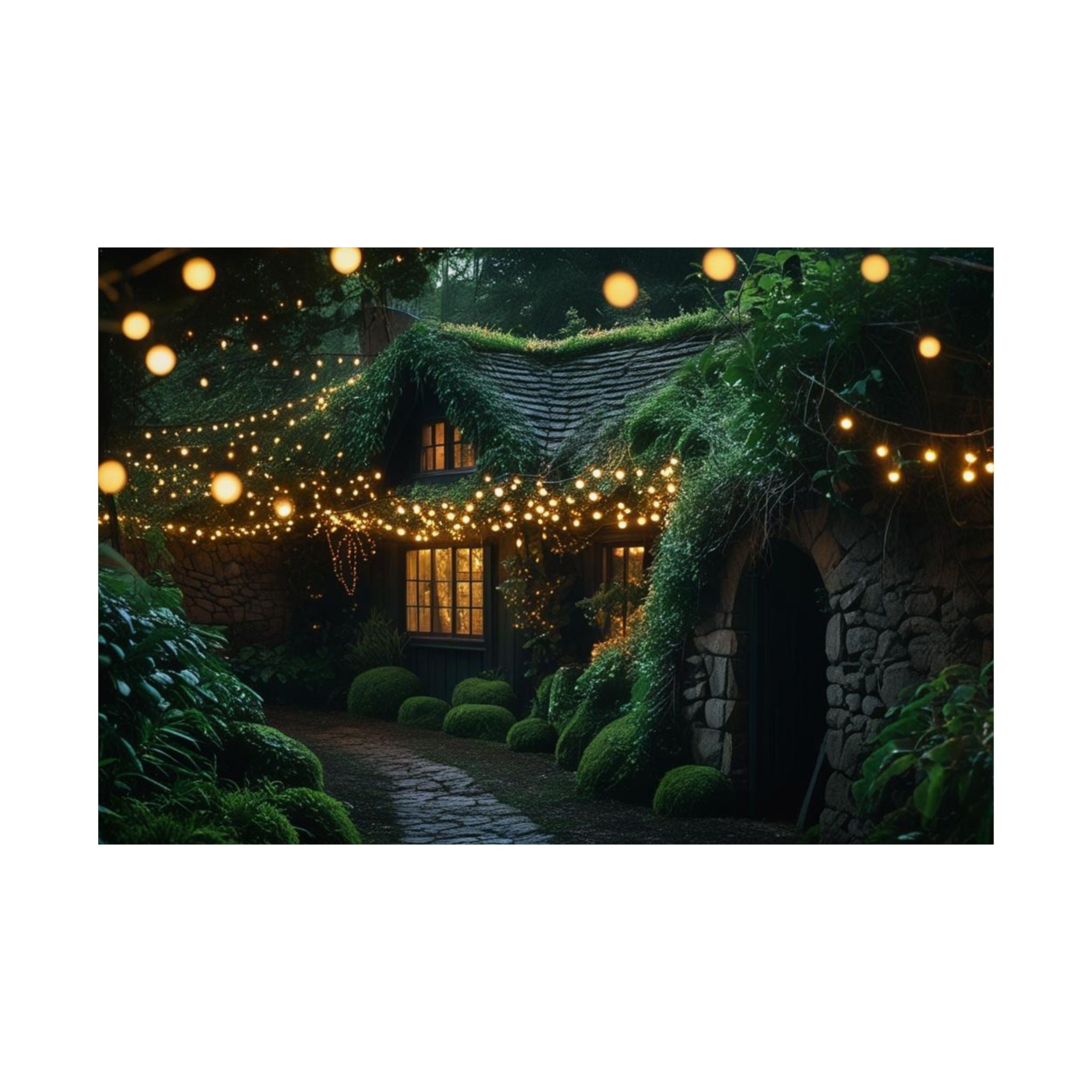 Satin Poster — Enchanted Cottage at Night Wall Art (Fairy Lights, 300gsm)