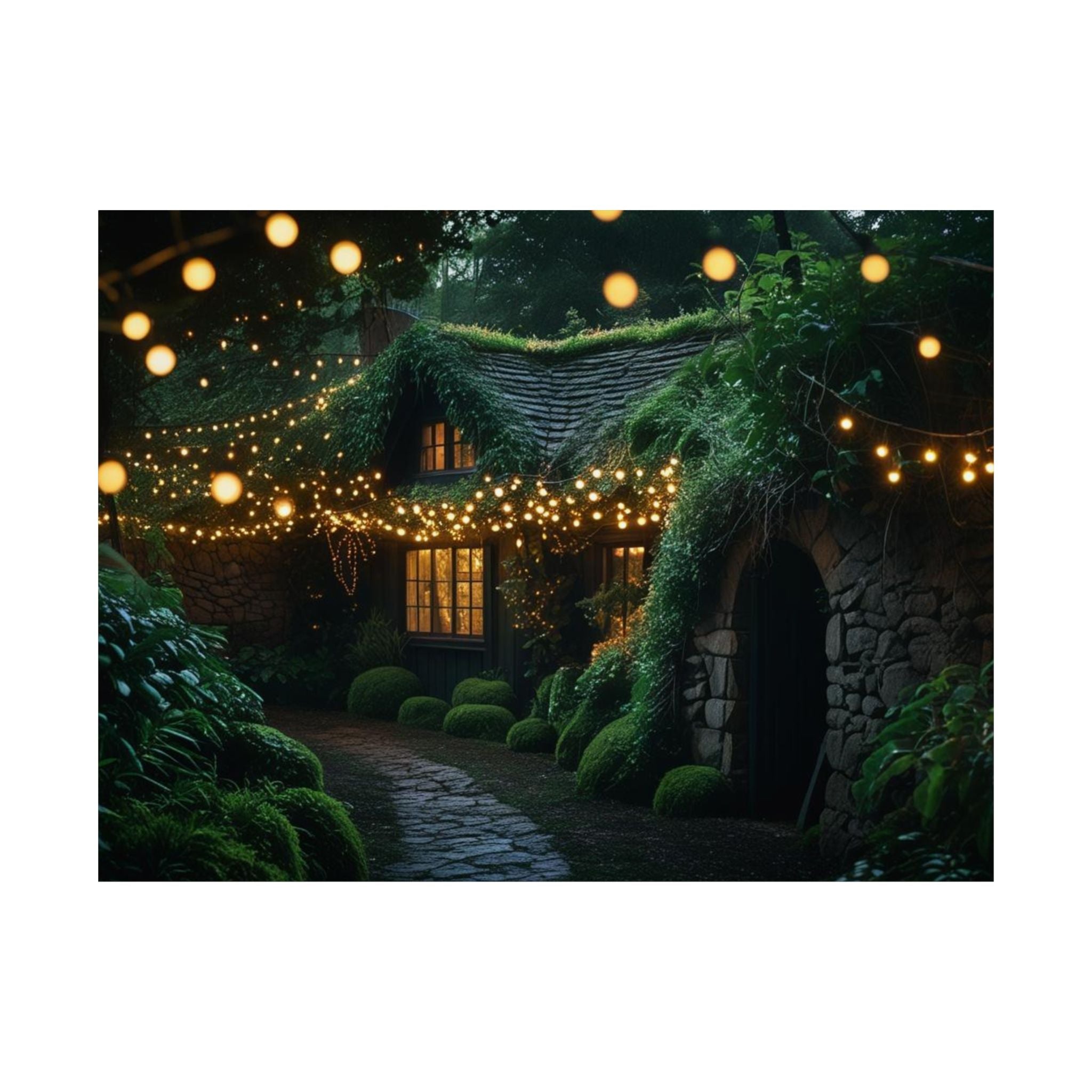 Satin Poster — Enchanted Cottage at Night Wall Art (Fairy Lights, 300gsm)