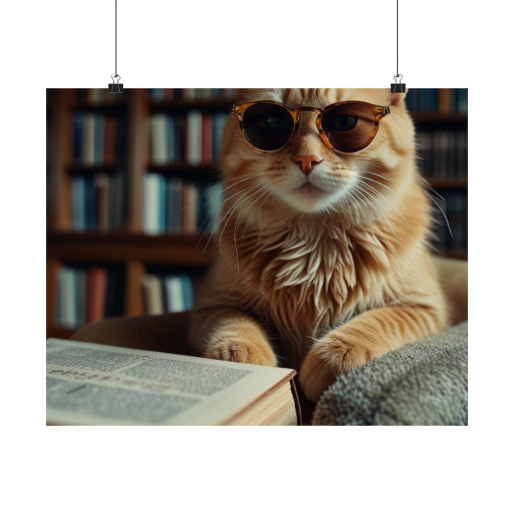 Cool Cat Reading Poster — Retro Sunglasses Cat Art Print (Satin Poster)