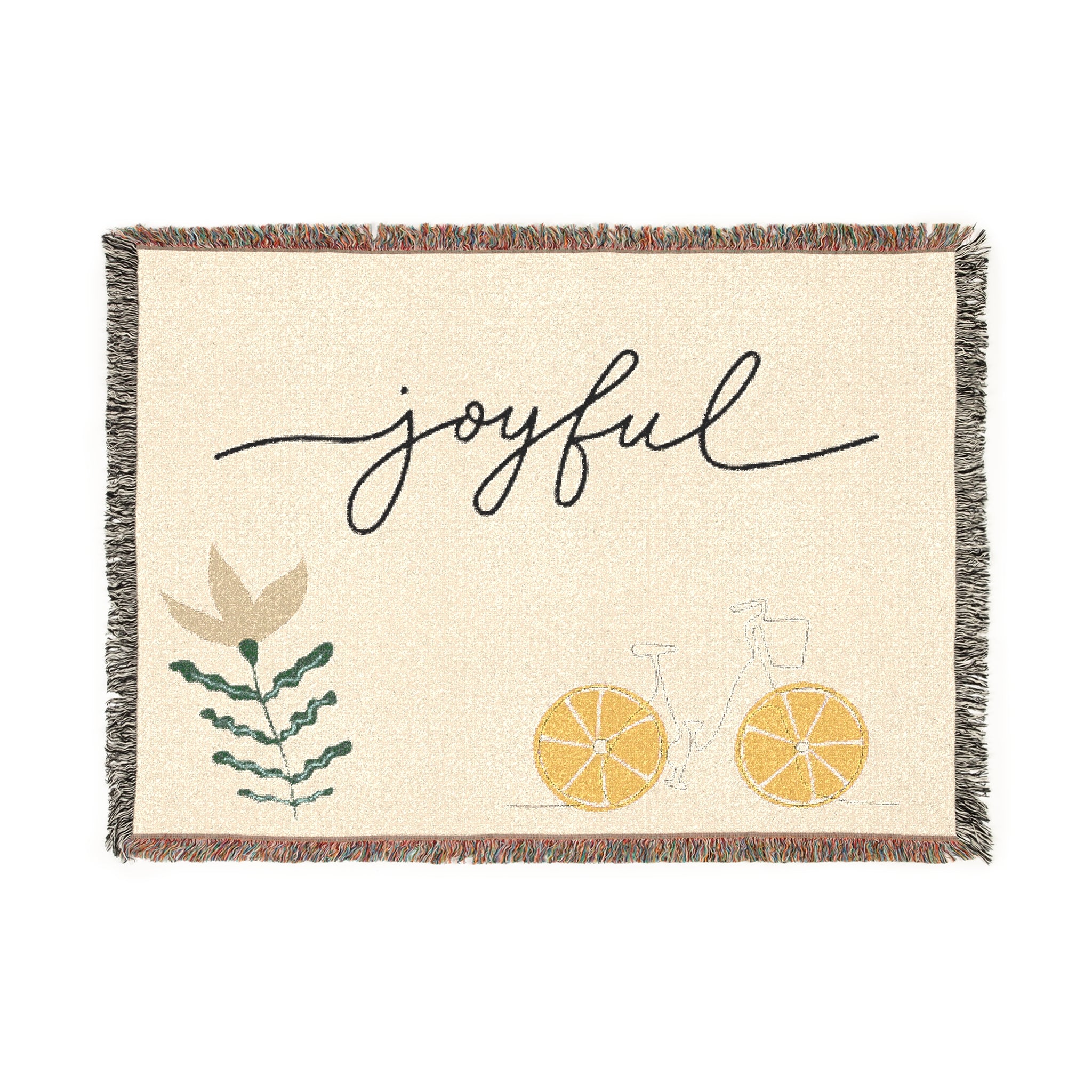 Joyful Bicycle Woven Blanket – Cozy Decorative Throw with Script Text & Floral Motif