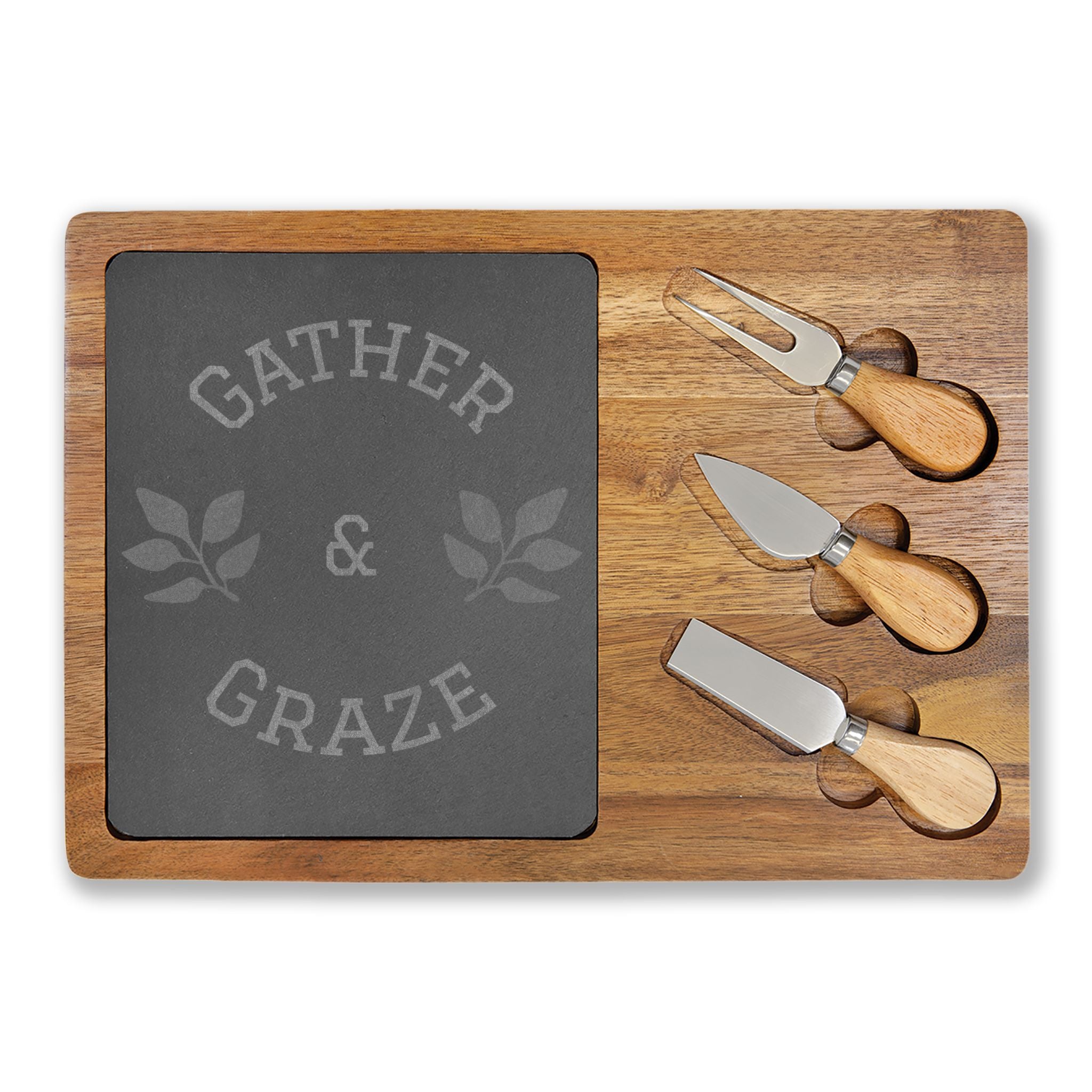 Engraved Acacia Charcuterie Board – “Gather & Graze” Slate Insert with Cheese Tools