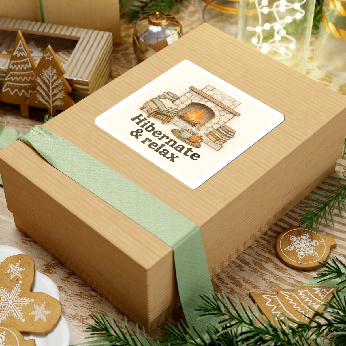 Hibernate & Relax Sticker — Cozy Fireplace, Books & Hot Cocoa Kiss-Cut Sticker