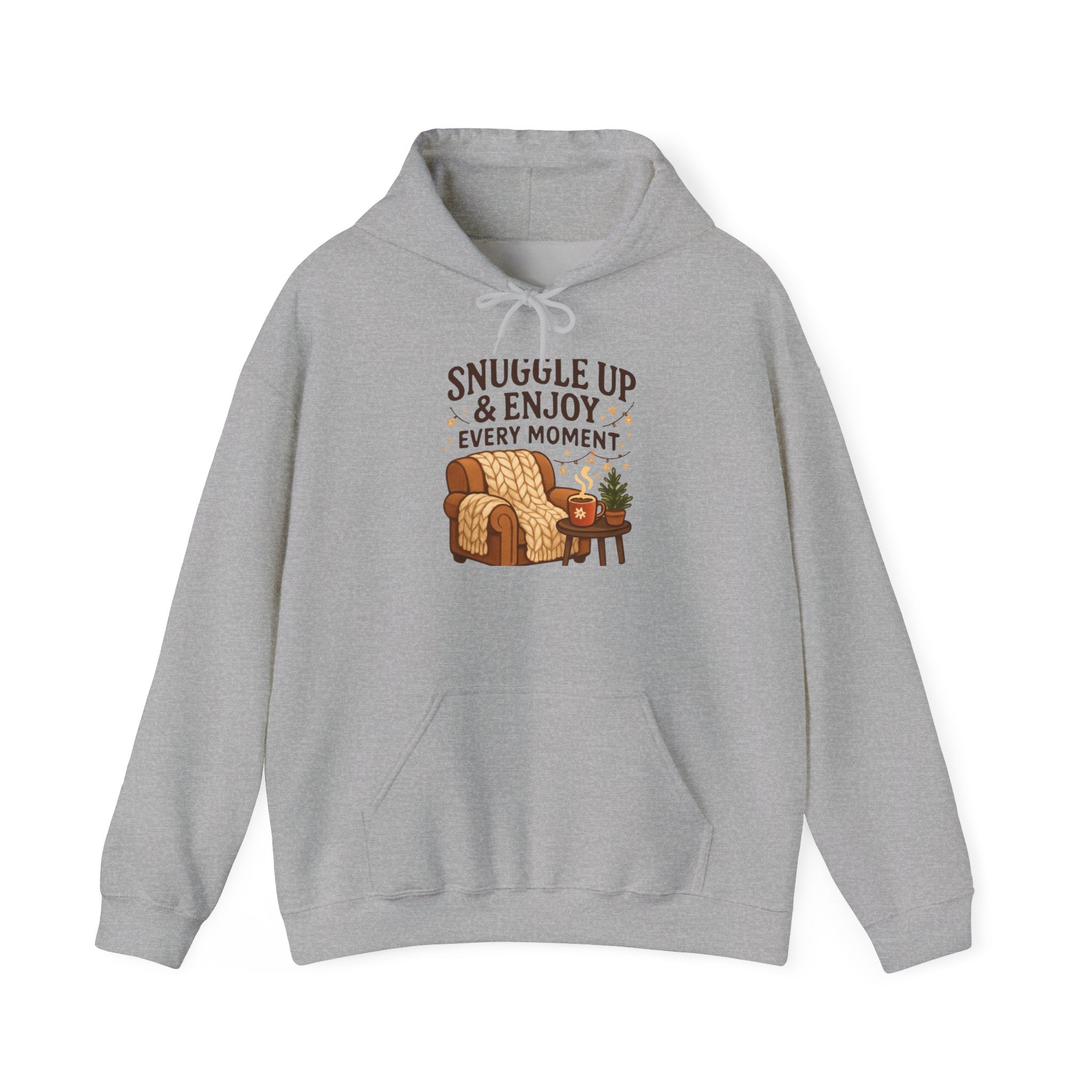 Snuggle Up & Enjoy Every Moment Hoodie — Cozy Chair and Tea Comfort Sweatshirt