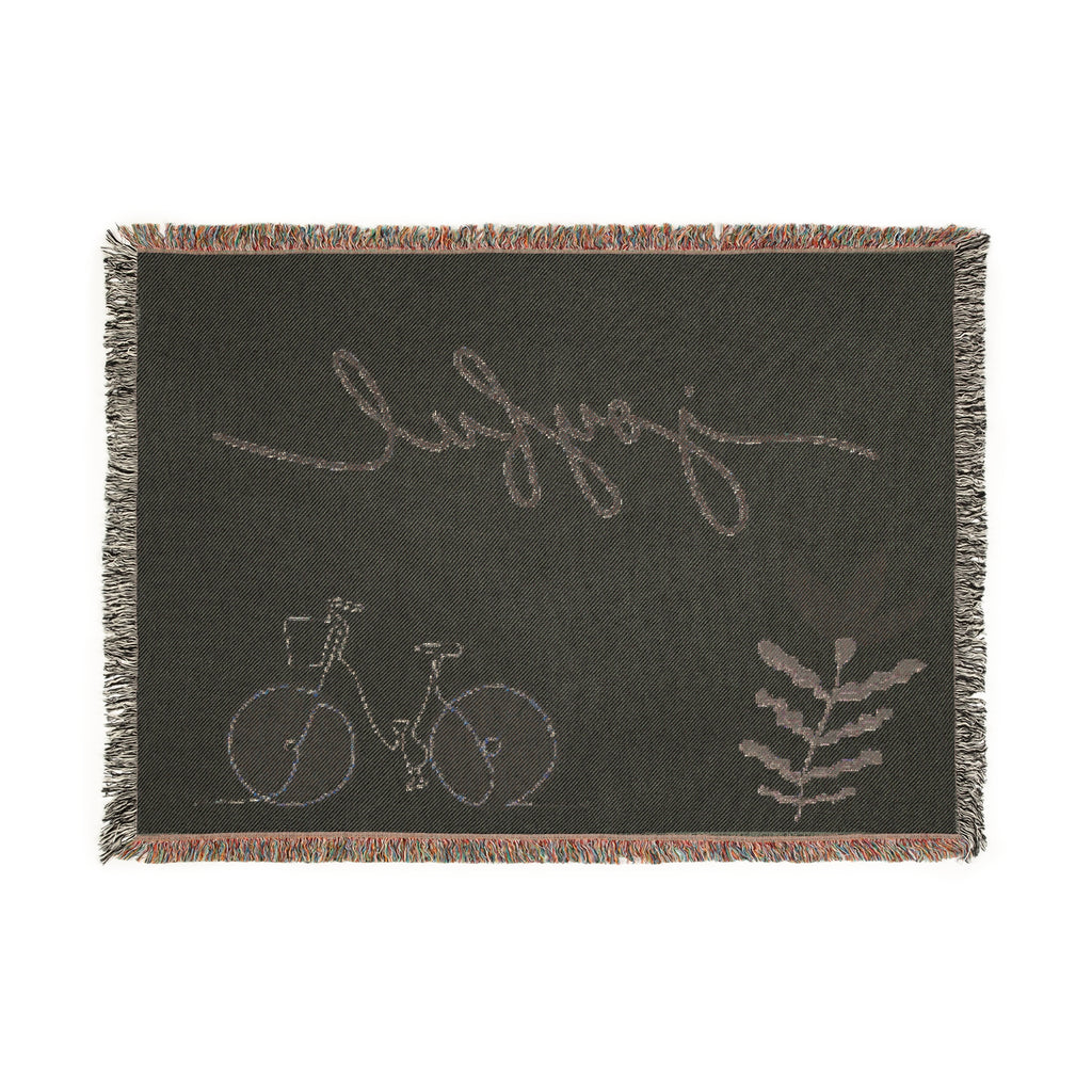Joyful Bicycle Woven Blanket – Cozy Decorative Throw with Script Text & Floral Motif