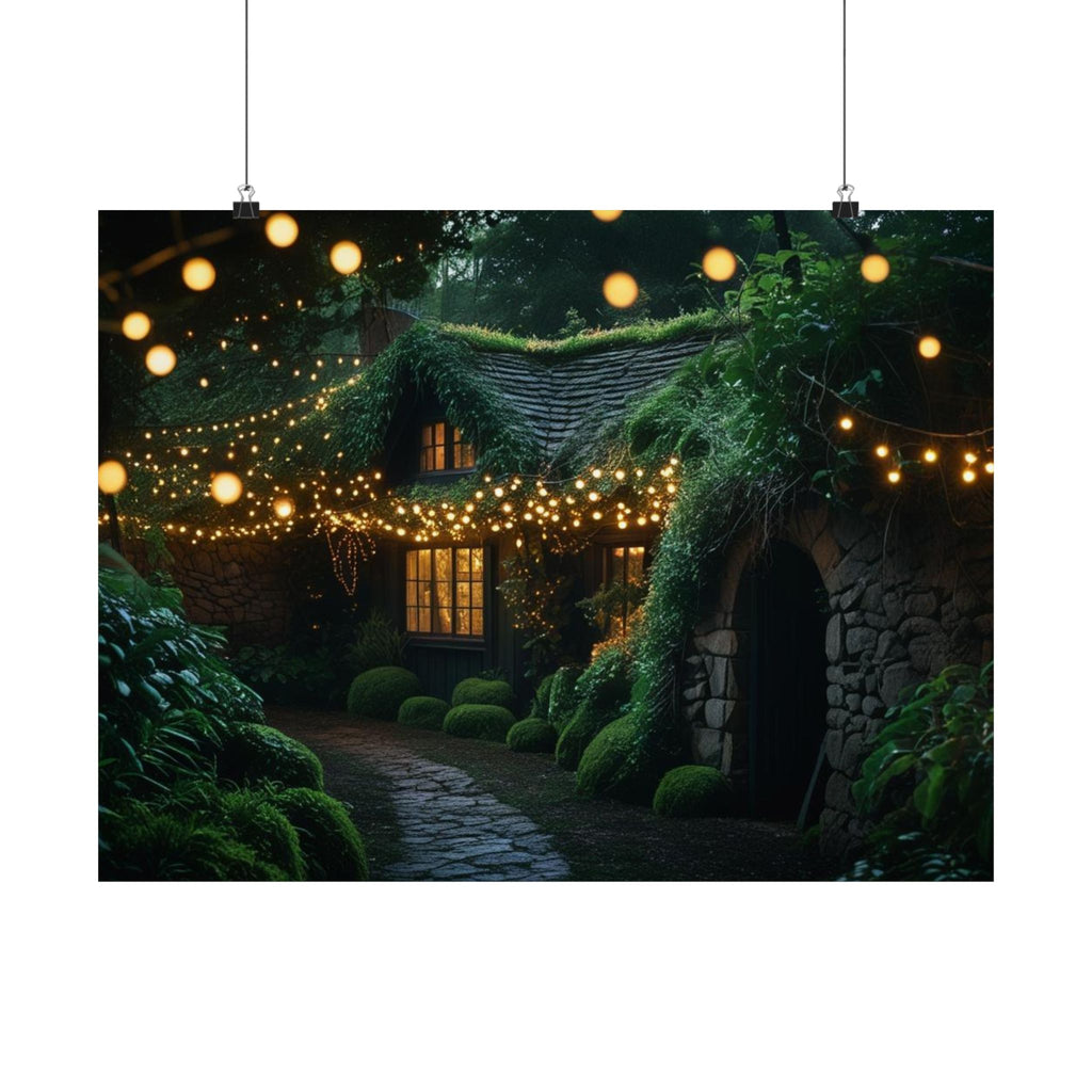 Satin Poster — Enchanted Cottage at Night Wall Art (Fairy Lights, 300gsm)