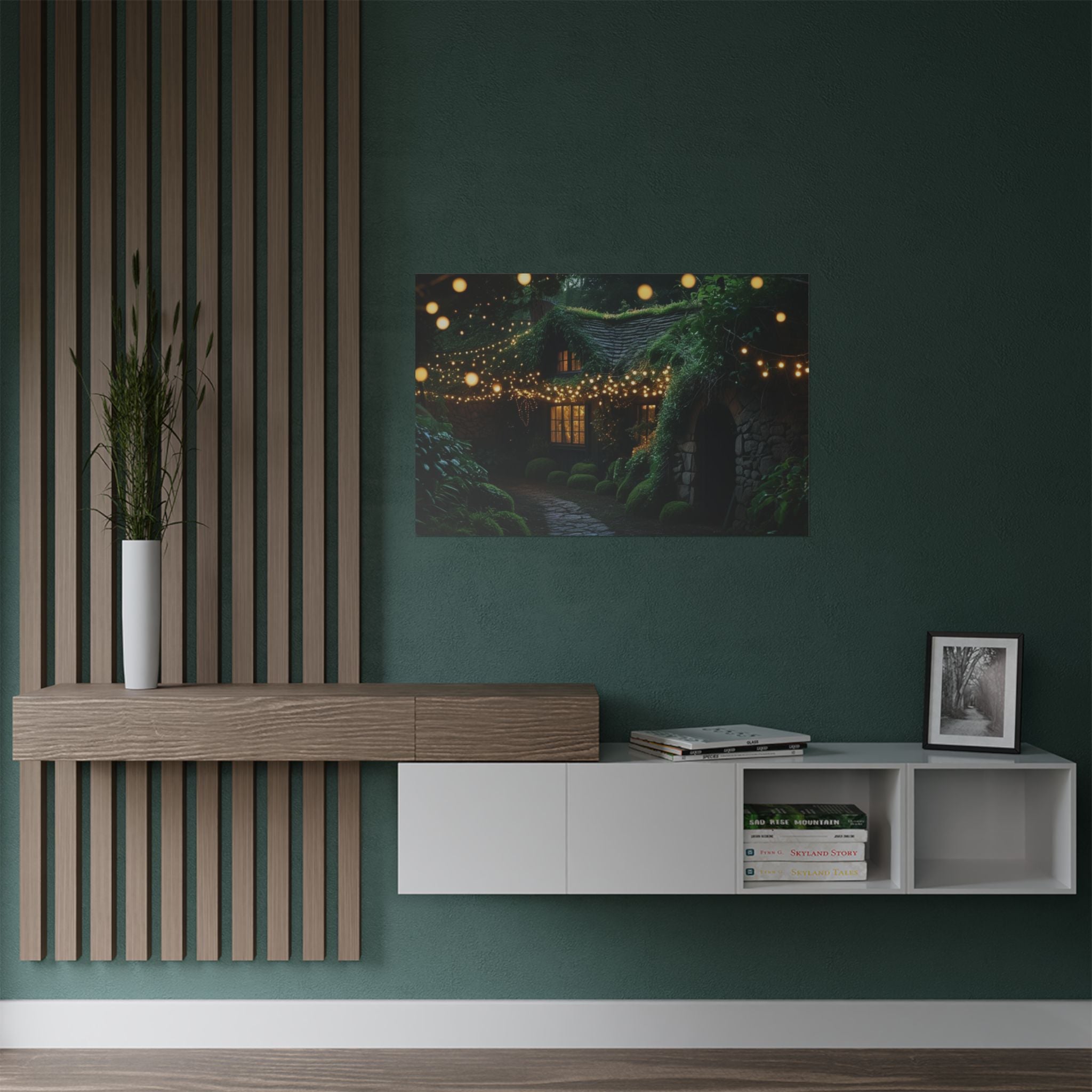 Satin Poster — Enchanted Cottage at Night Wall Art (Fairy Lights, 300gsm)
