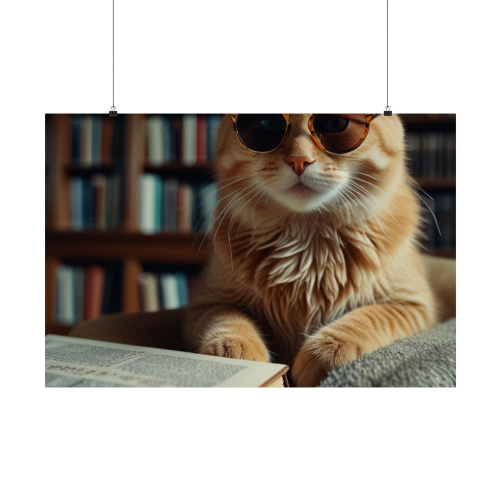 Cool Cat Reading Poster — Retro Sunglasses Cat Art Print (Satin Poster)