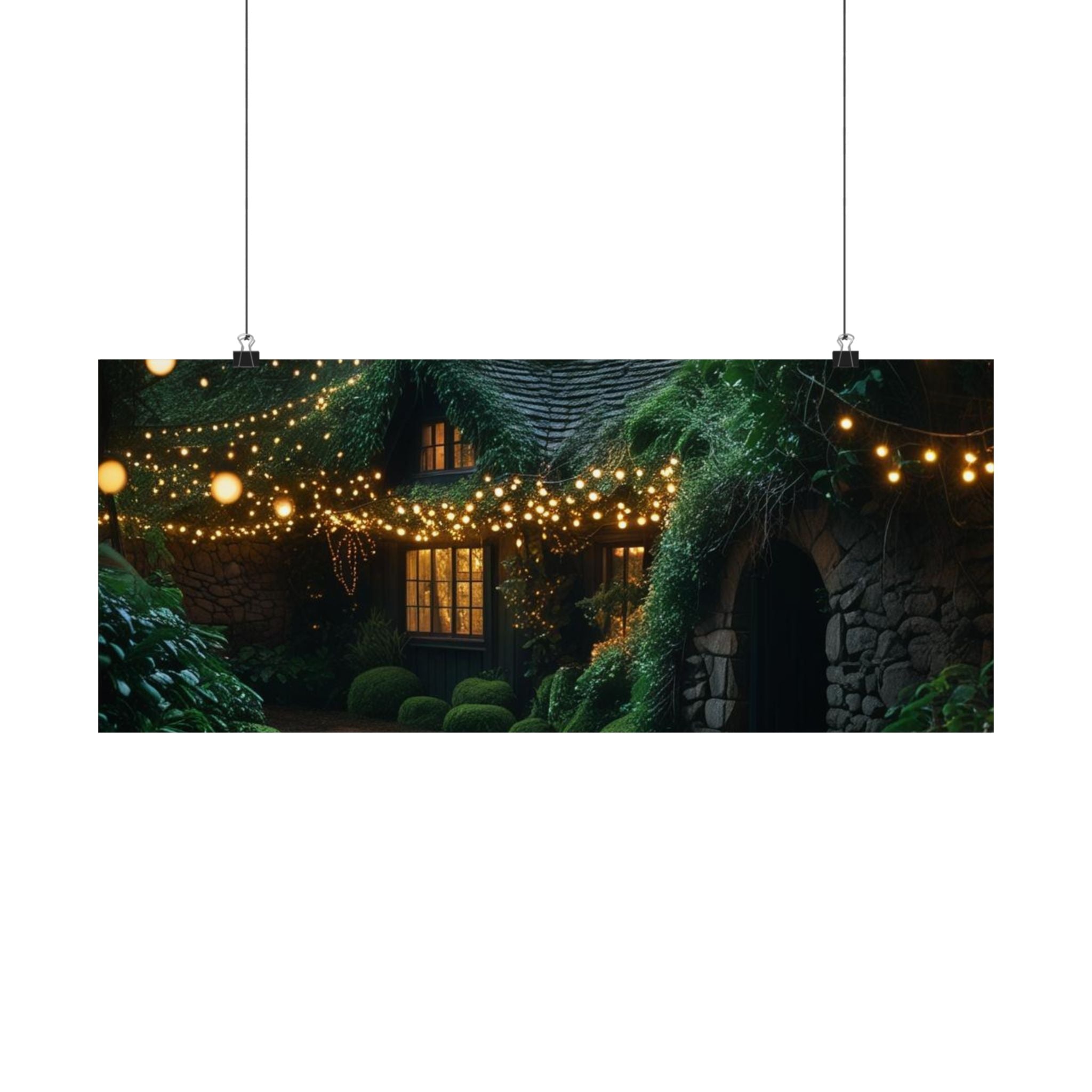 Satin Poster — Enchanted Cottage at Night Wall Art (Fairy Lights, 300gsm)