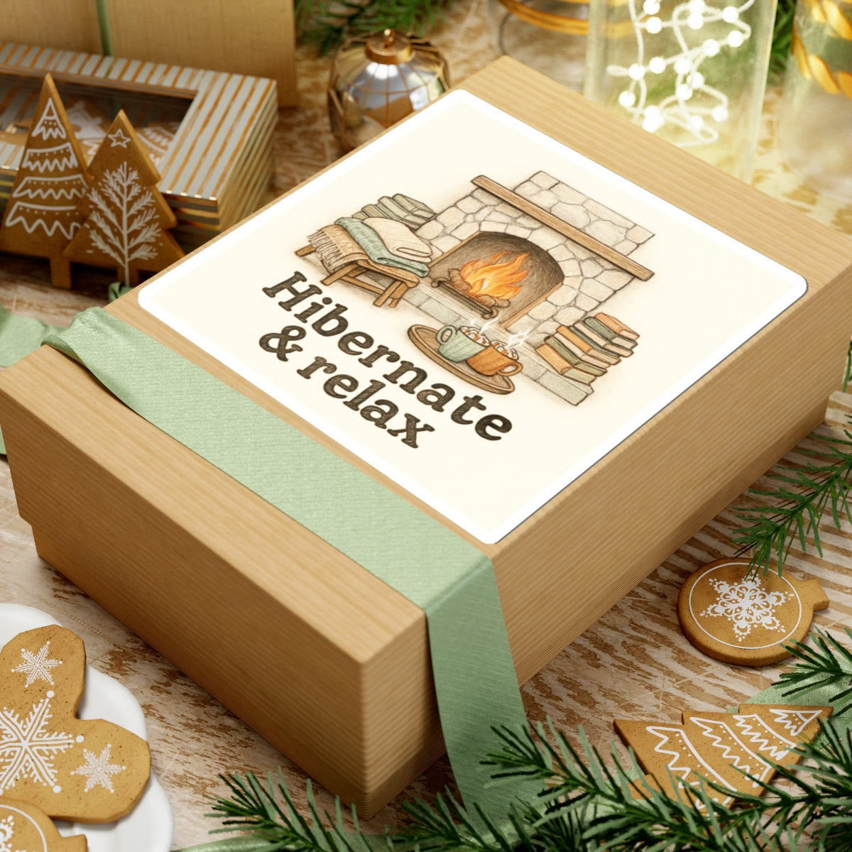 Hibernate & Relax Sticker — Cozy Fireplace, Books & Hot Cocoa Kiss-Cut Sticker