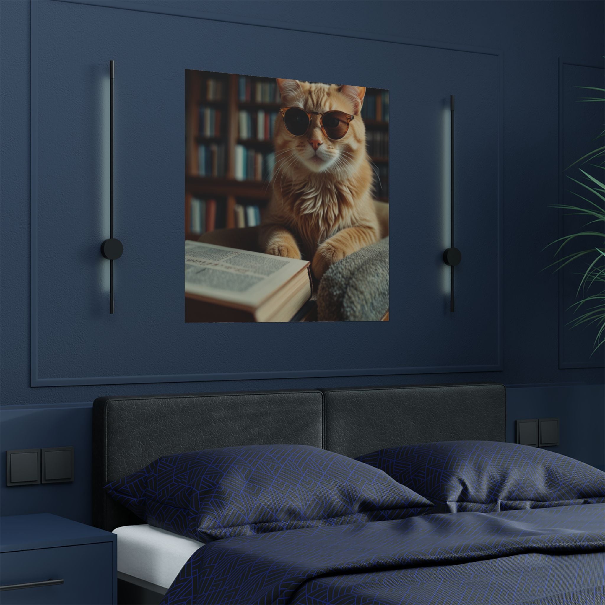 Cool Cat Reading Poster — Retro Sunglasses Cat Art Print (Satin Poster)