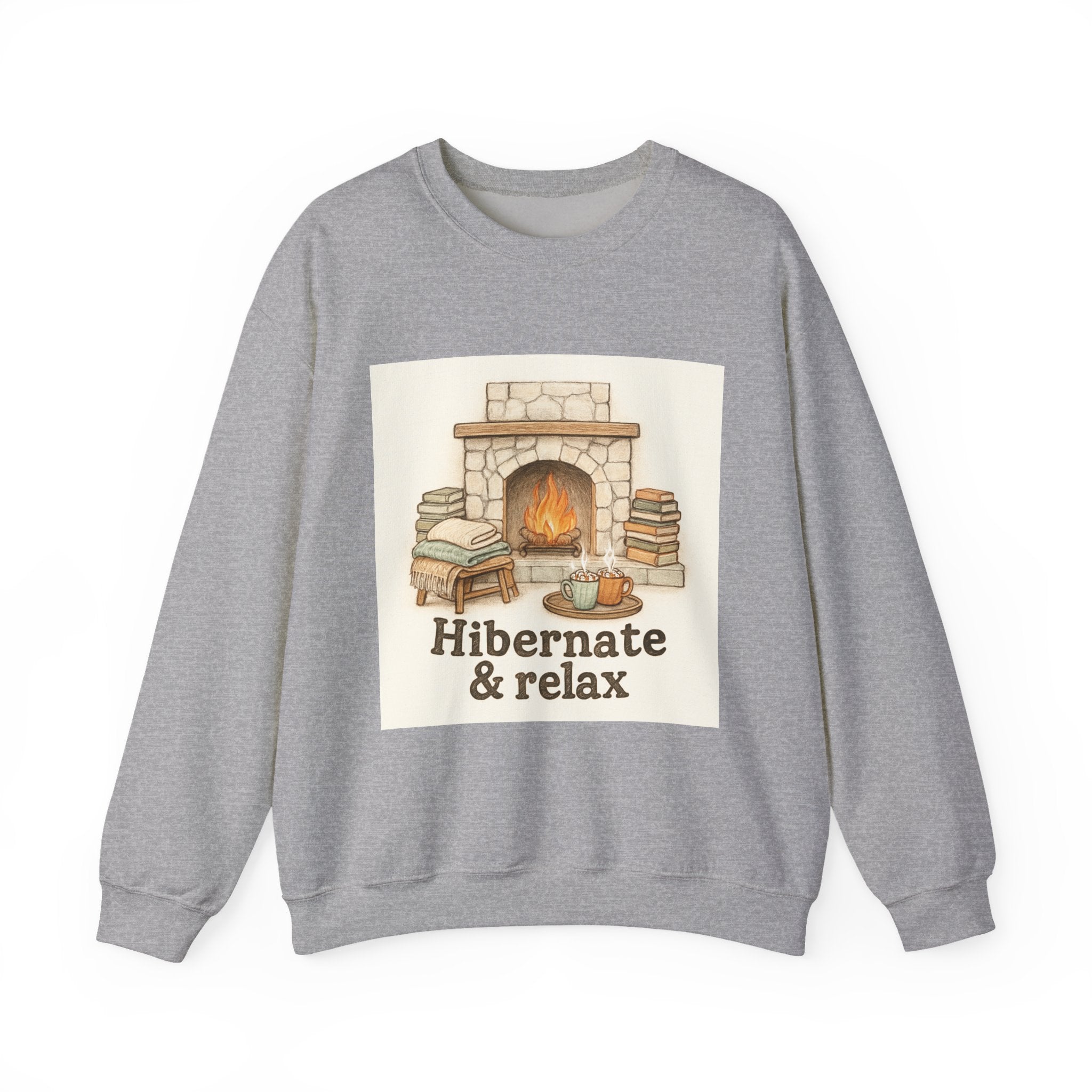 Crewneck Sweatshirt – "Hibernate & Relax" Cozy Fireplace Reading Sweatshirt